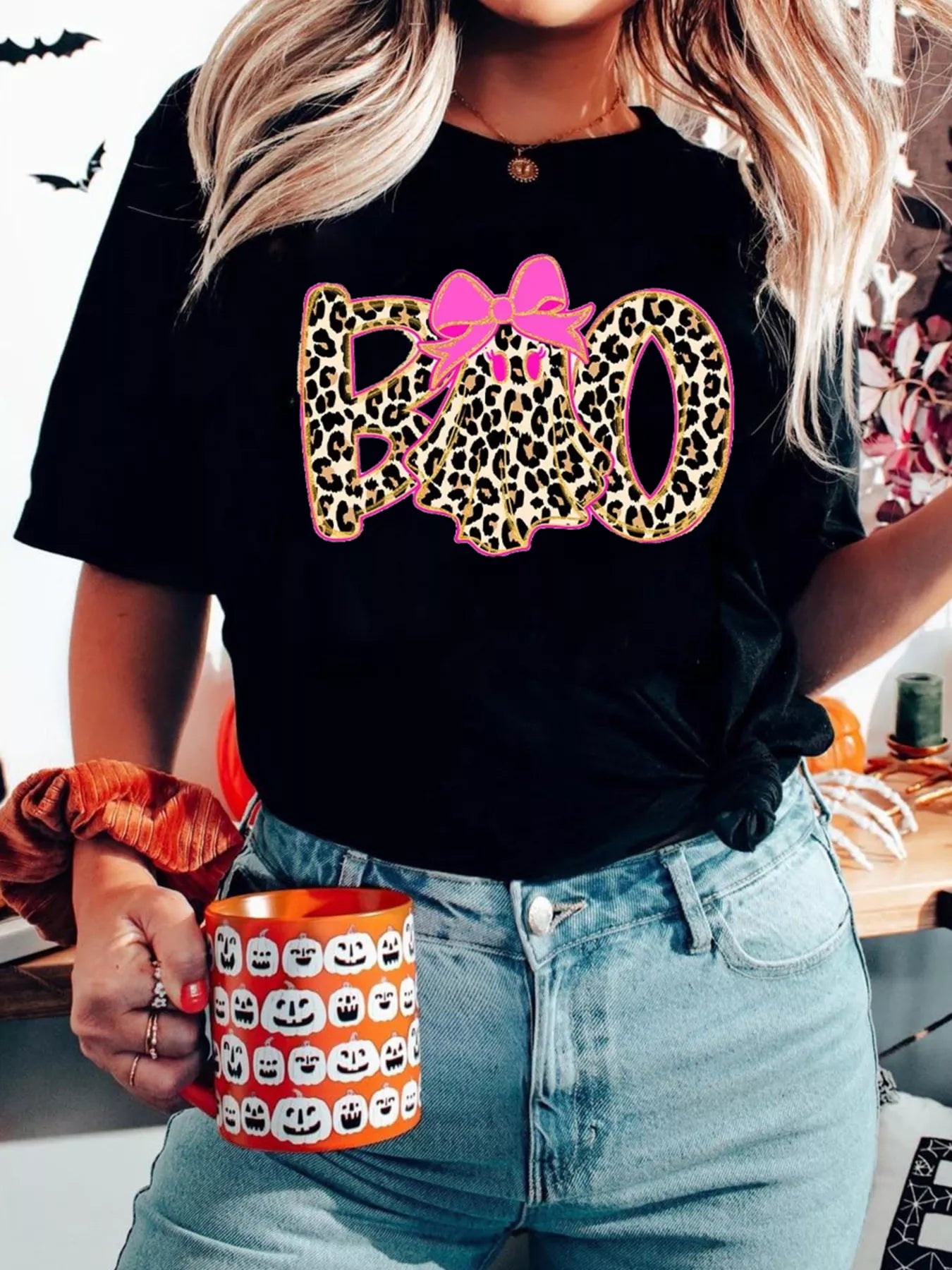 Halloween Ghost Boo Graphic Round Neck T Shirt -  Be Bliss Boutique