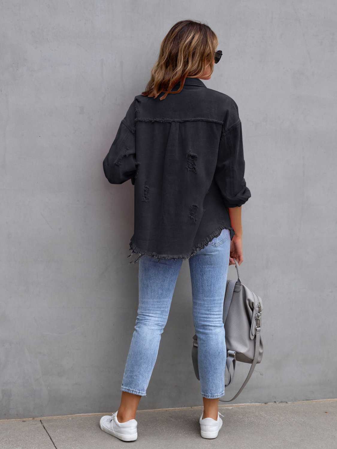 Distressed Drop Shoulder Denim Jacket - Be Bliss Boutique