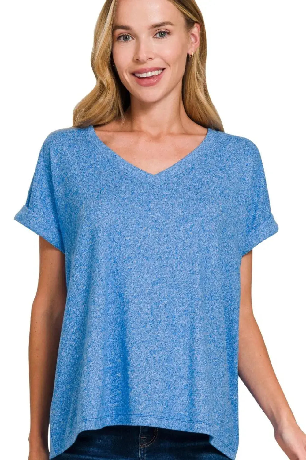 Zenana Soft Melange Hacci V-neck T-Shirt |  Be Bliss Boutique
