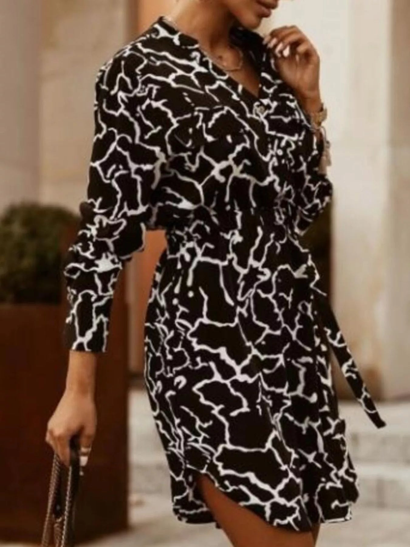 Printed Button Front Long Sleeve Dress -  Be Bliss Boutique