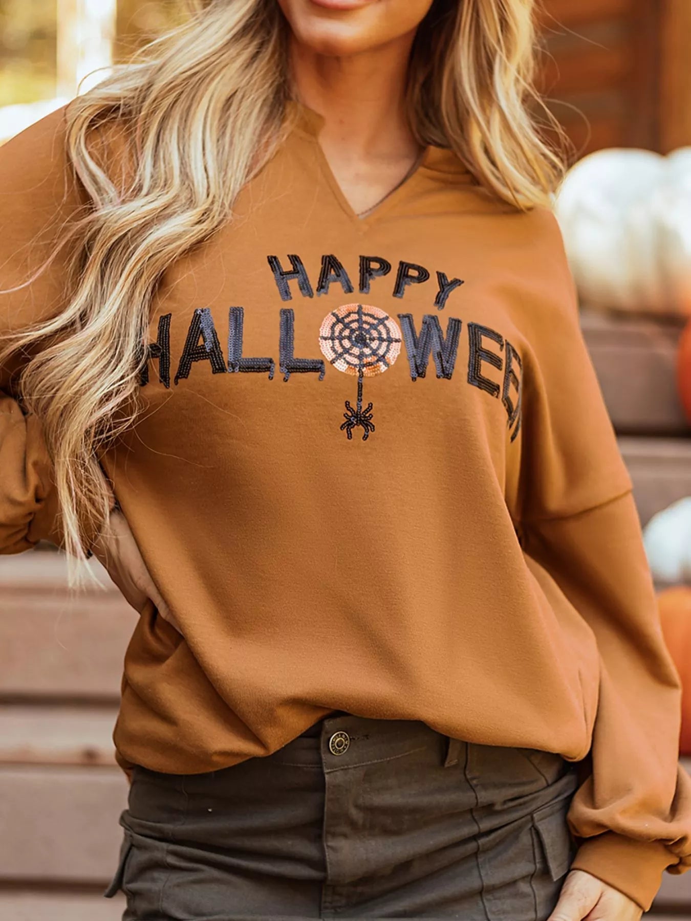 Happy Halloween Graphic Notched Long Sleeve Loose Top -  Be Bliss Boutique