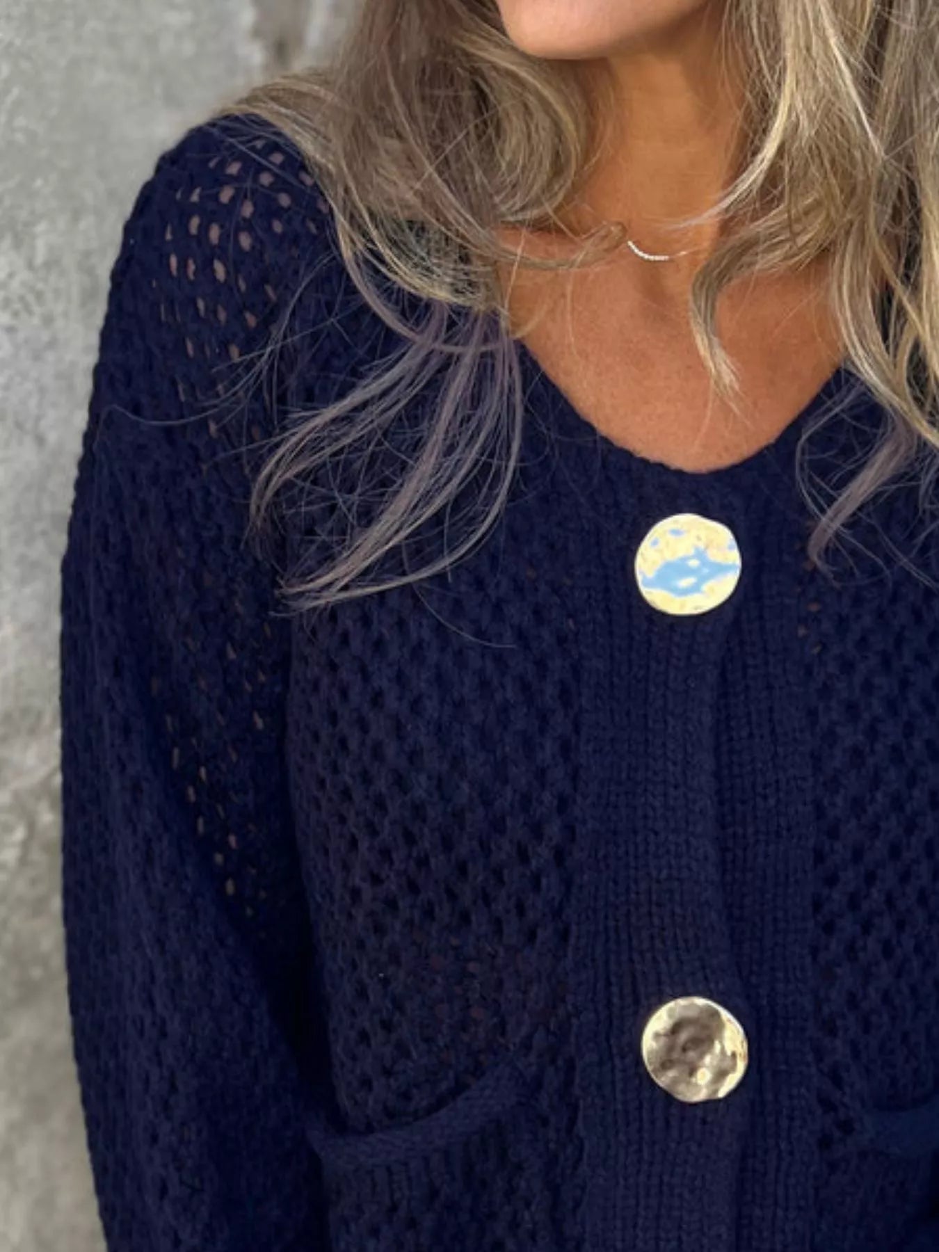 Crochet Button Up Long Sleeve Cardigan -  Be Bliss Boutique