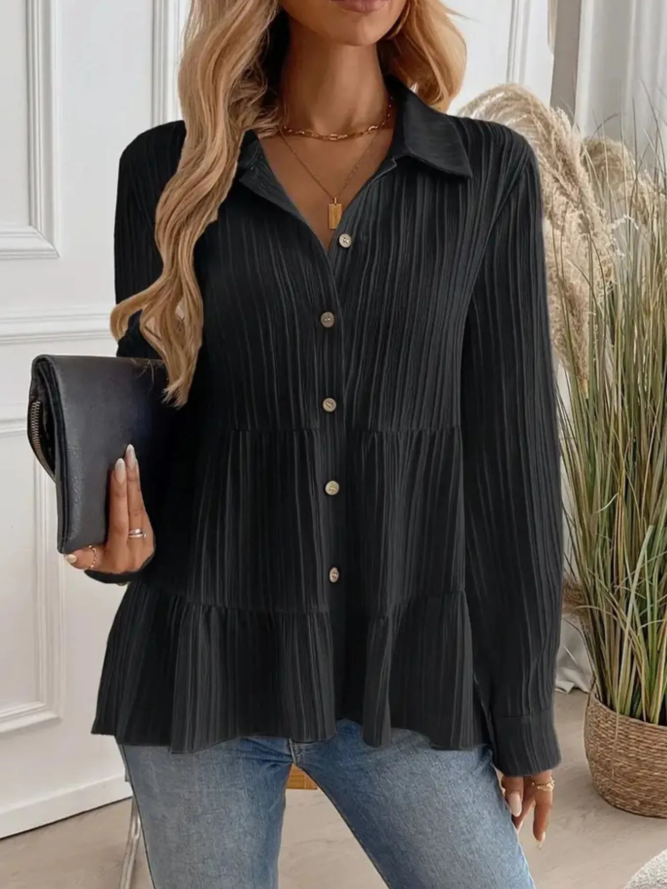 Striped Button-Down Tiered Shirt -  Be Bliss Boutique