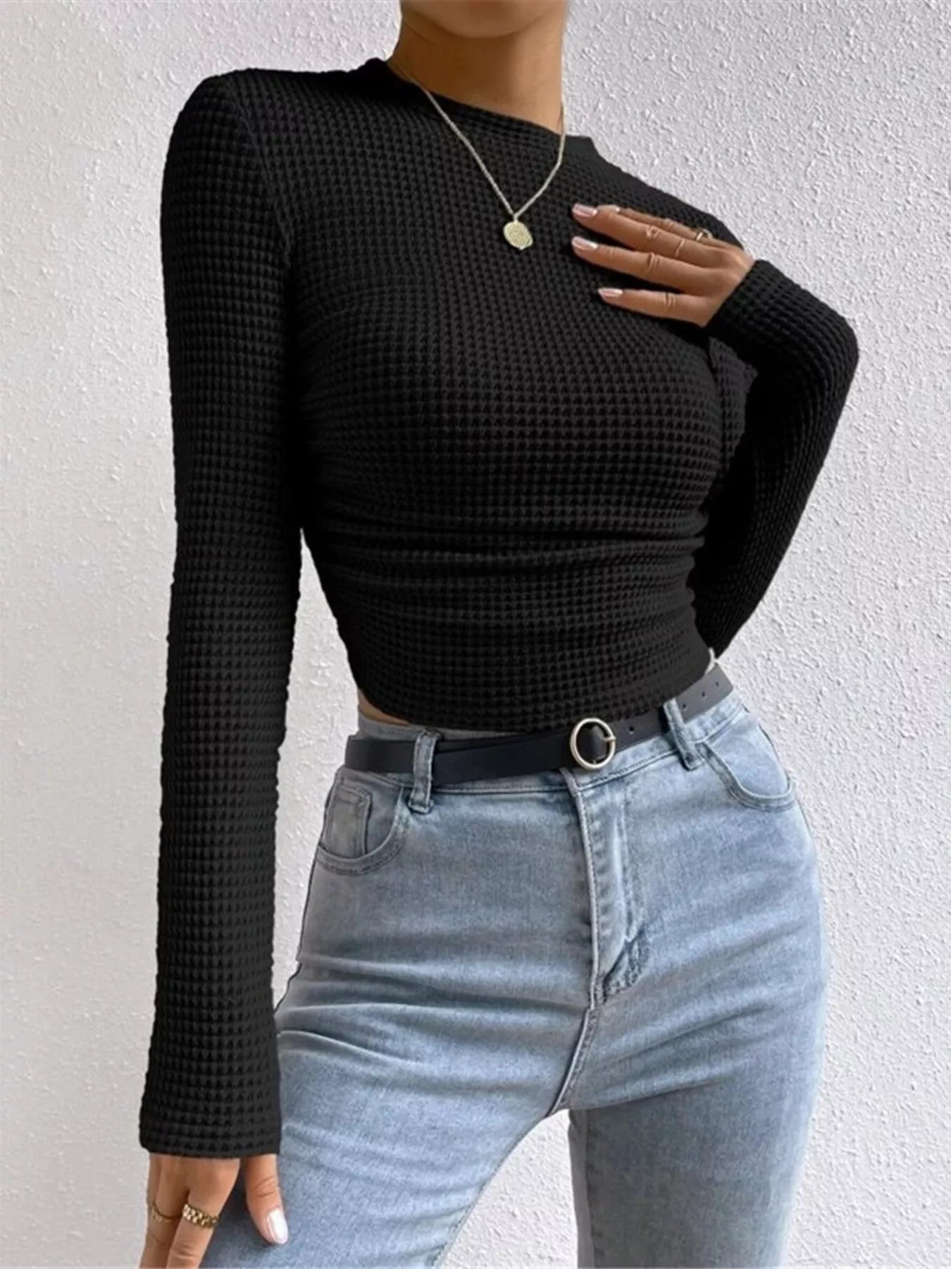 Waffle Knit Long Sleeve T-Shirt - Be Bliss Boutique