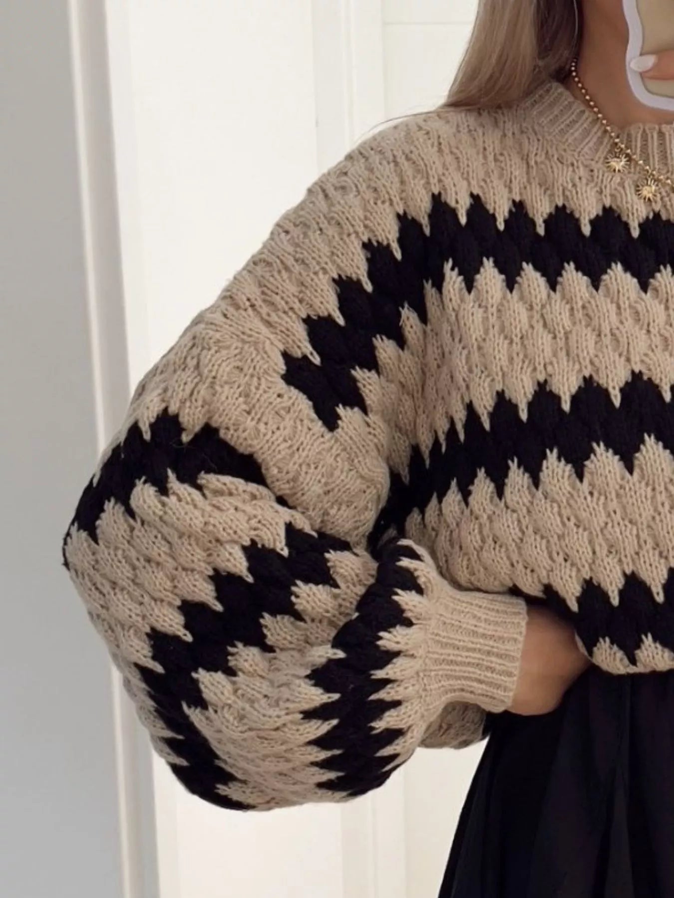 Striped Round Neck Dropped Shoulder Sweater -  Be Bliss Boutique