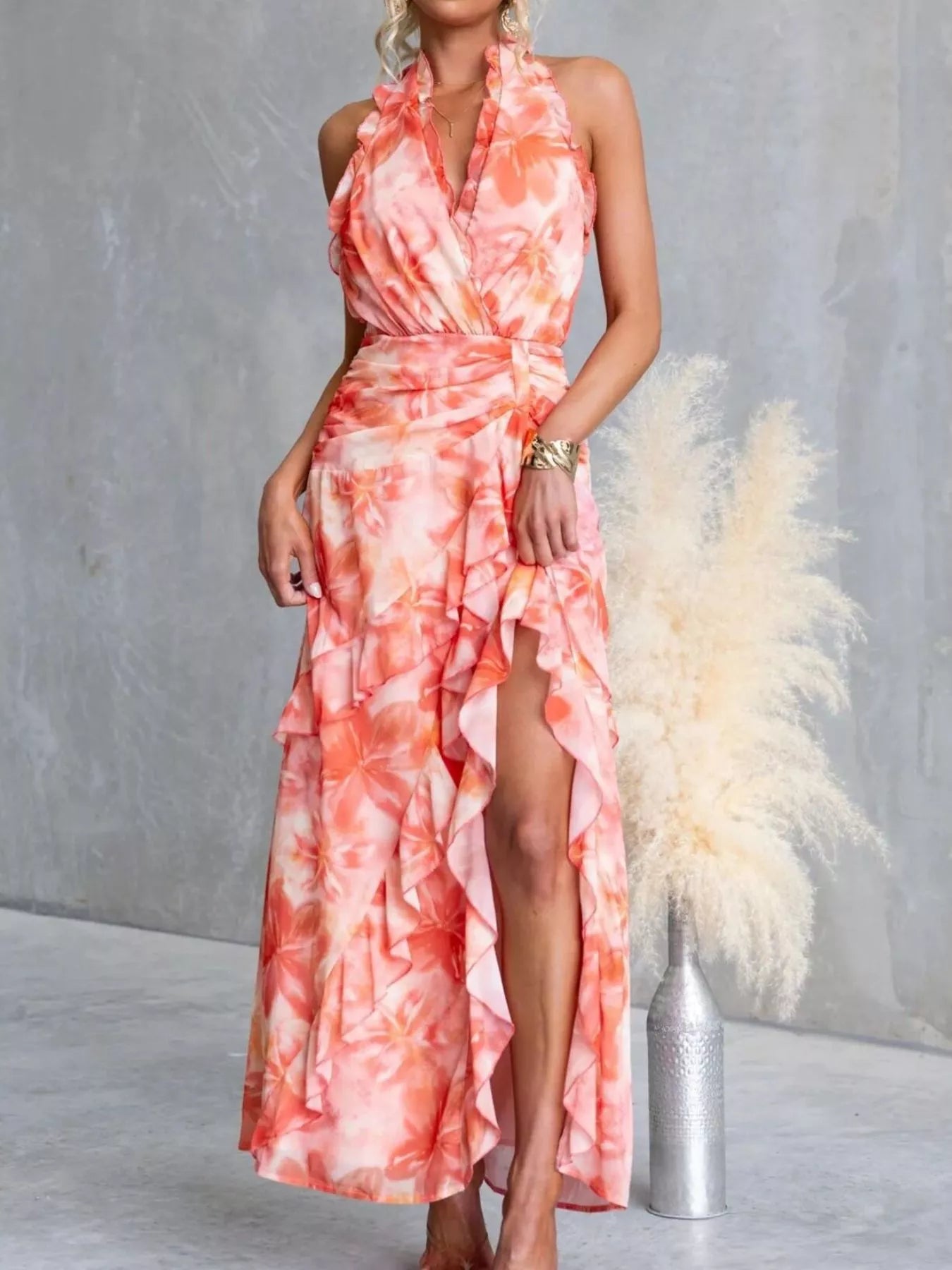 Floral Print Ruffle Halter Neck Maxi Dress - Be Bliss Boutique