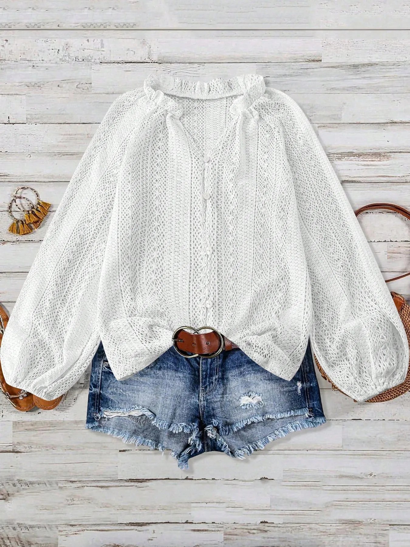 Crochet Notched Button-Front Shirt -  Be Bliss Boutique