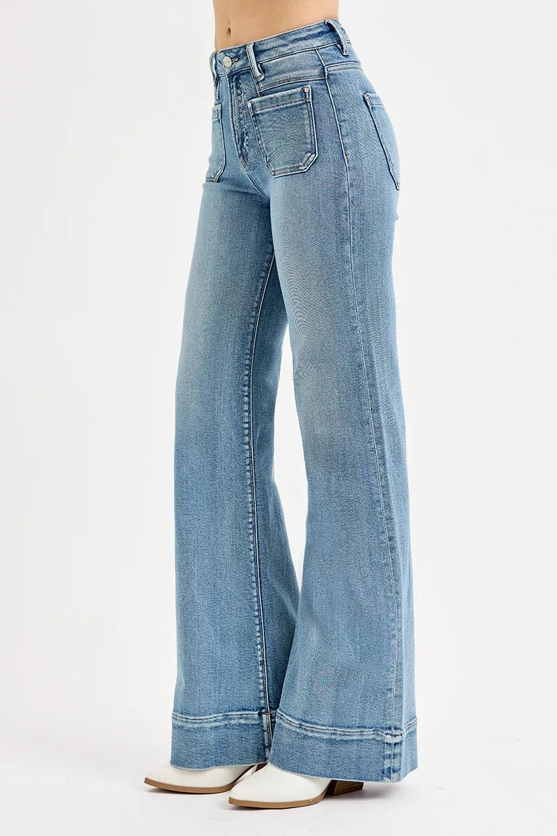 High Rise Wide Flare Patch Pocket RISEN Jeans – Full Size