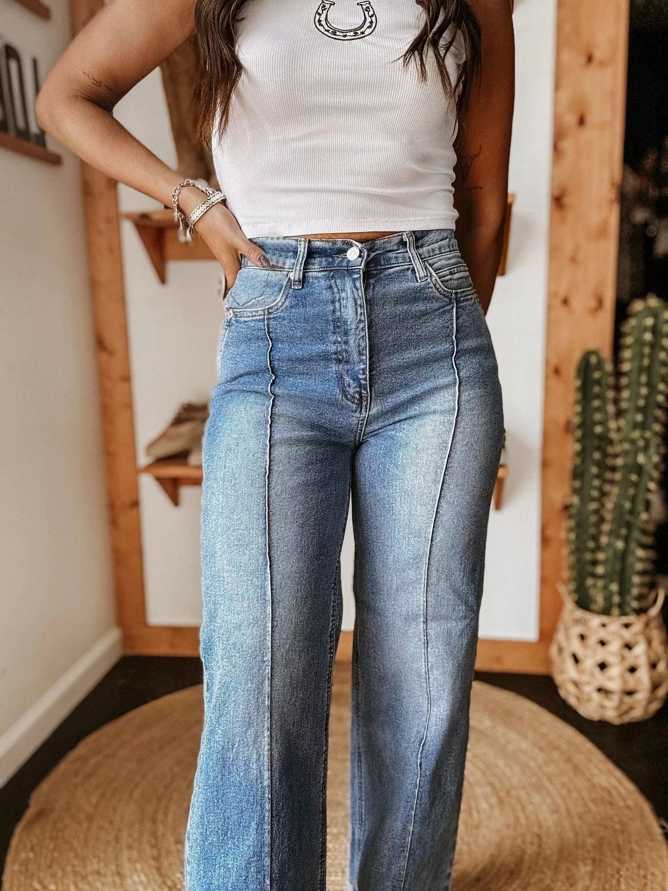 High-Waisted Wide Leg Cuffed Jeans - Be Bliss Boutique