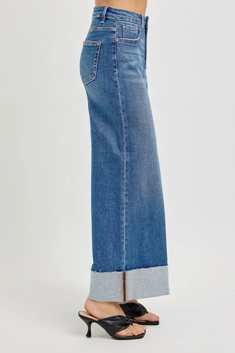 RISEN Full Size Tummy Control High Rise Crop Wide Cuffed Jeans Plus Size -  Be Bliss Boutique