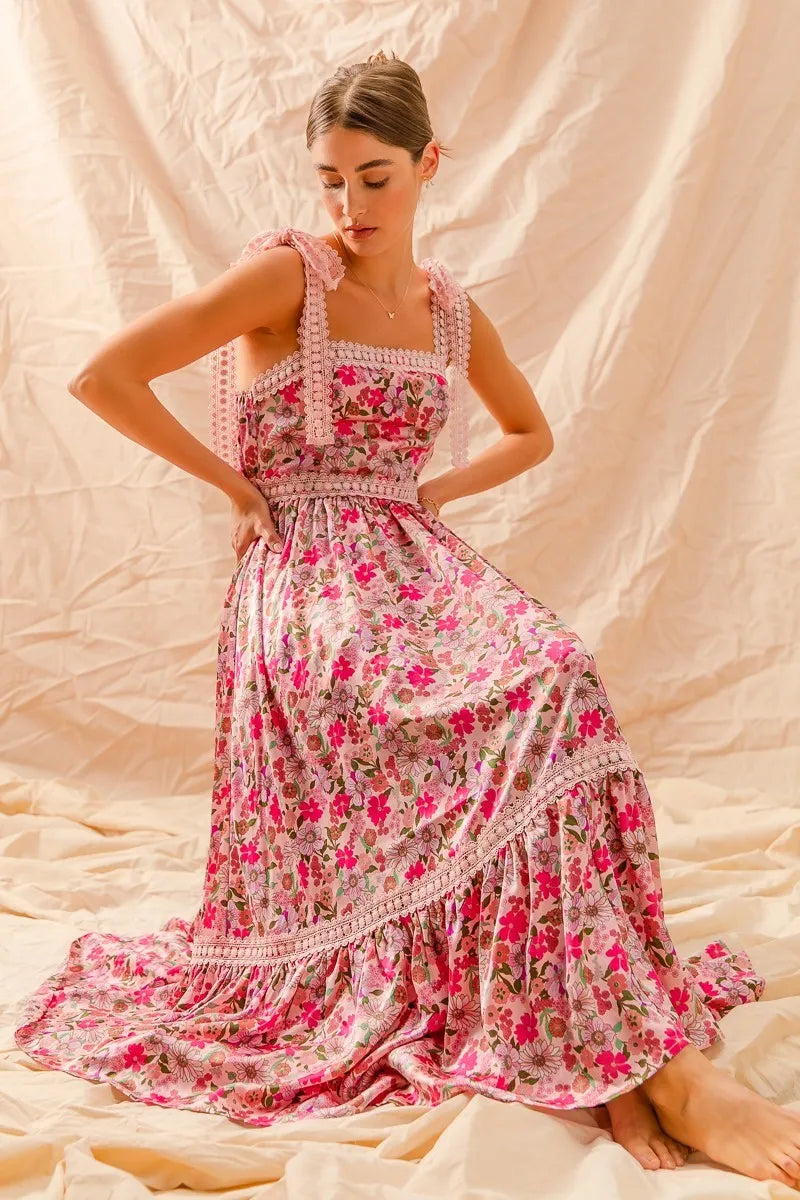 SO ME Floral Maxi Dress With Ribbon Tie Lace Strap -  Be Bliss Boutique