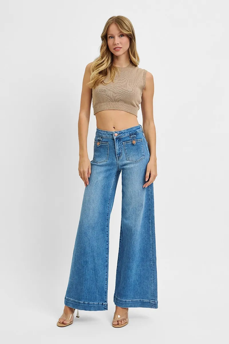 RISEN Full Size Mid Rise Wide Front Patch Pocket Jeans Plus Size -  Be Bliss Boutique
