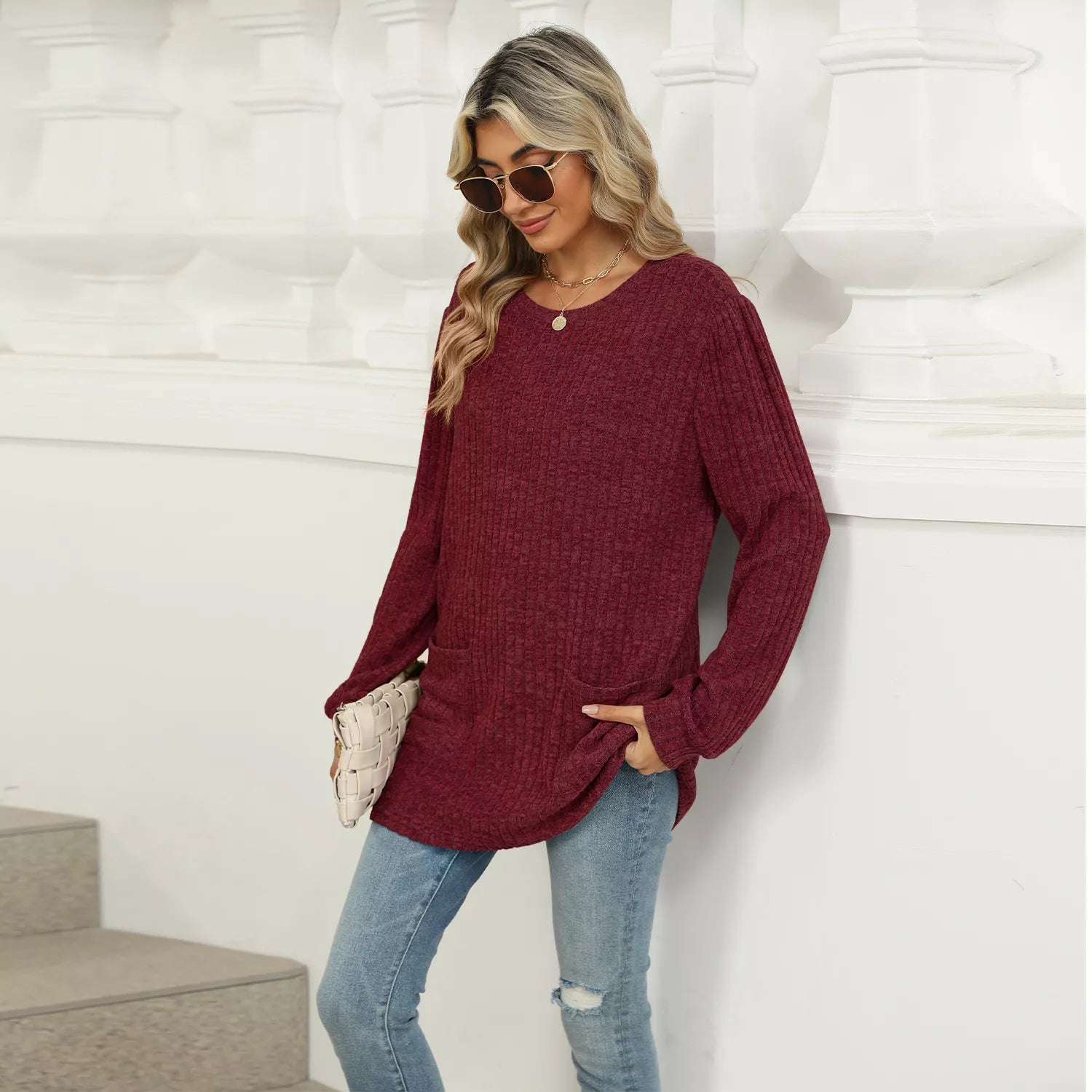 Ribbed Knit Long Sleeve T-Shirt -  Be Bliss Boutique