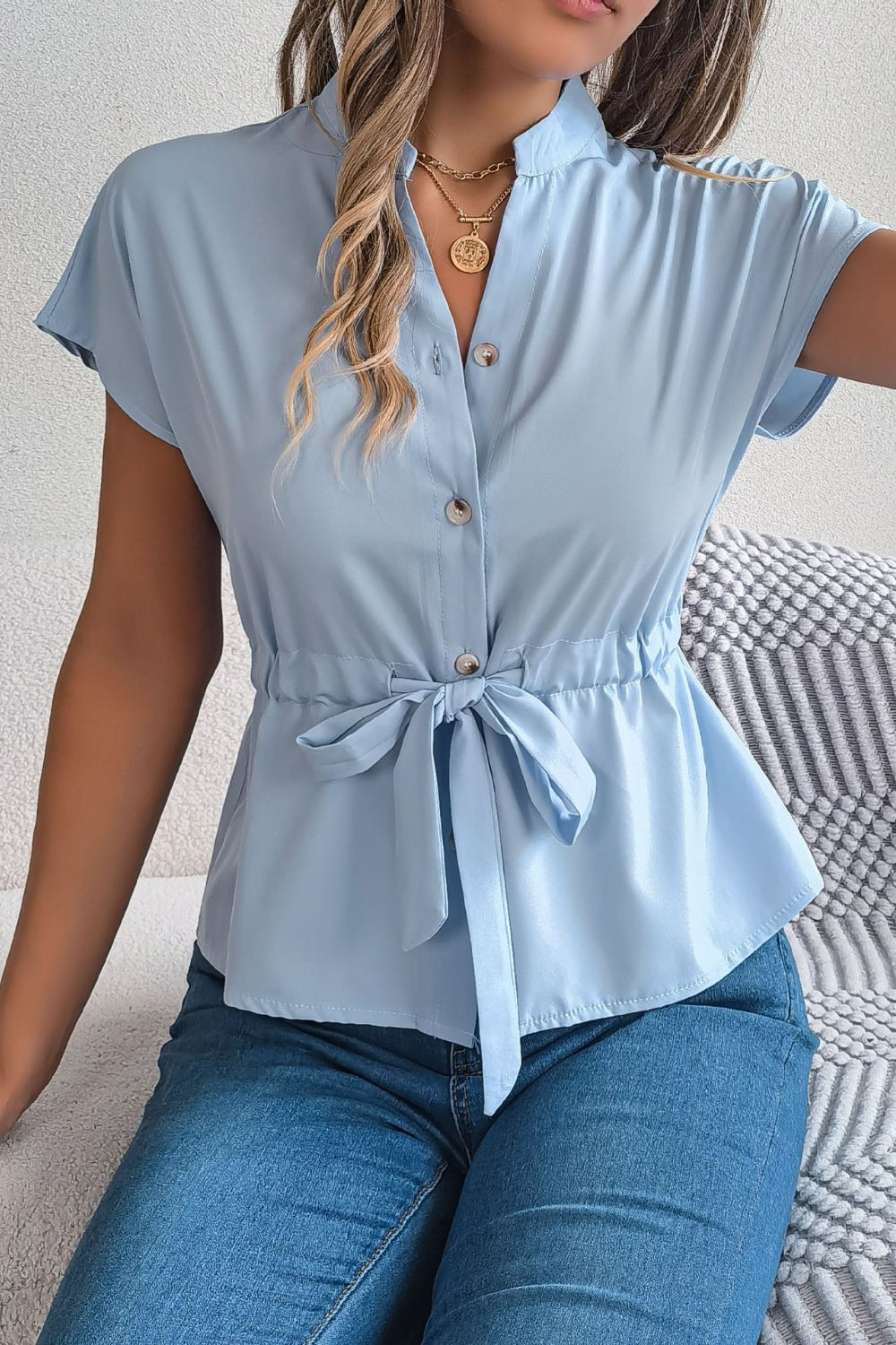 Tie Waist Button Down Shirt - Be Bliss Boutique