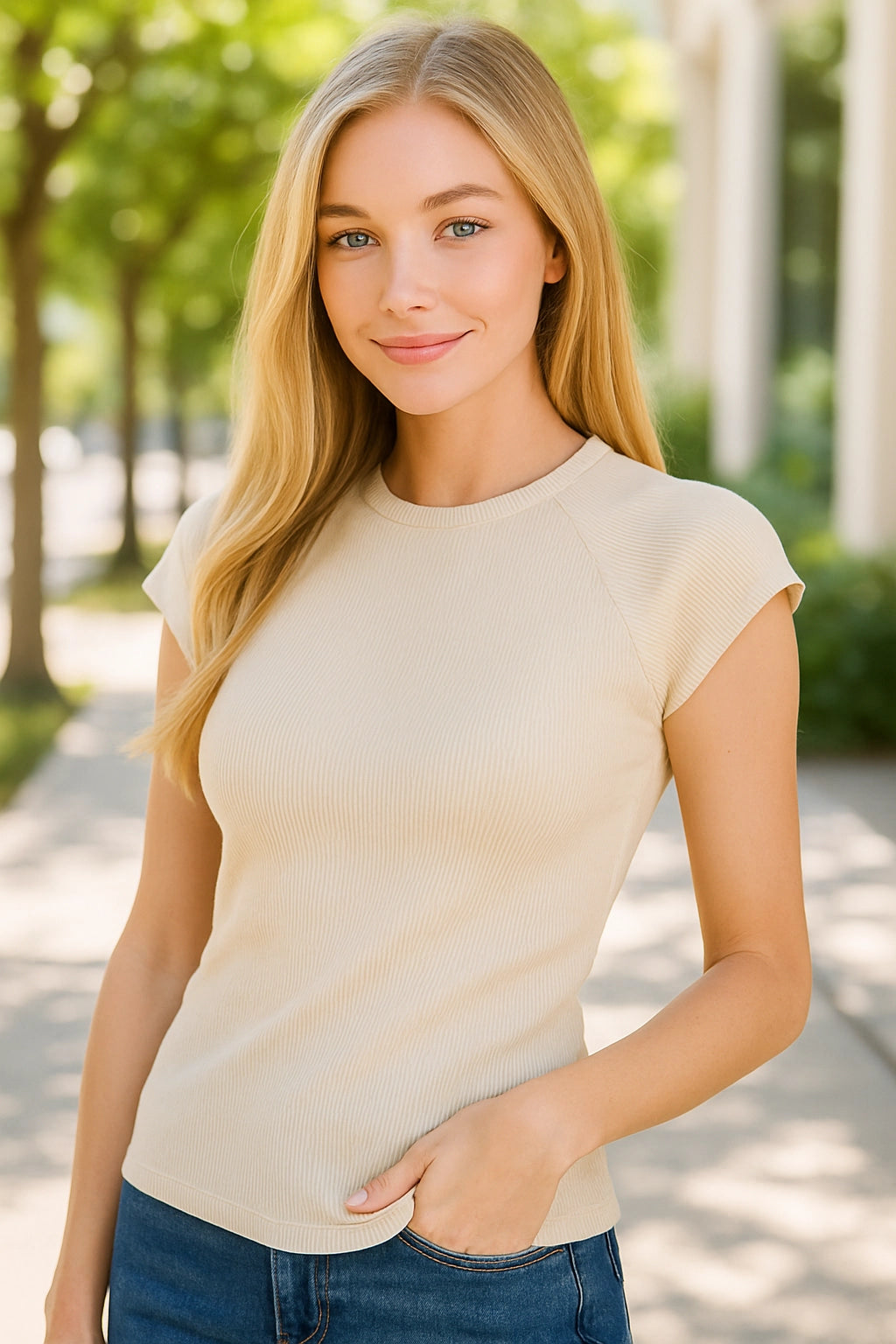 Zenana Stone Washed Ribbed Seamless Cap Sleeve Top in Sand Beige | Be Bliss Boutique