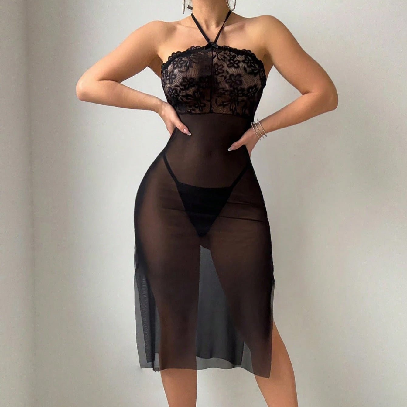 Halter Neck Lingerie Dress with Sheer Lace For Women, Greenwich Village, BYMANYC New York. -  Be Bliss Boutique