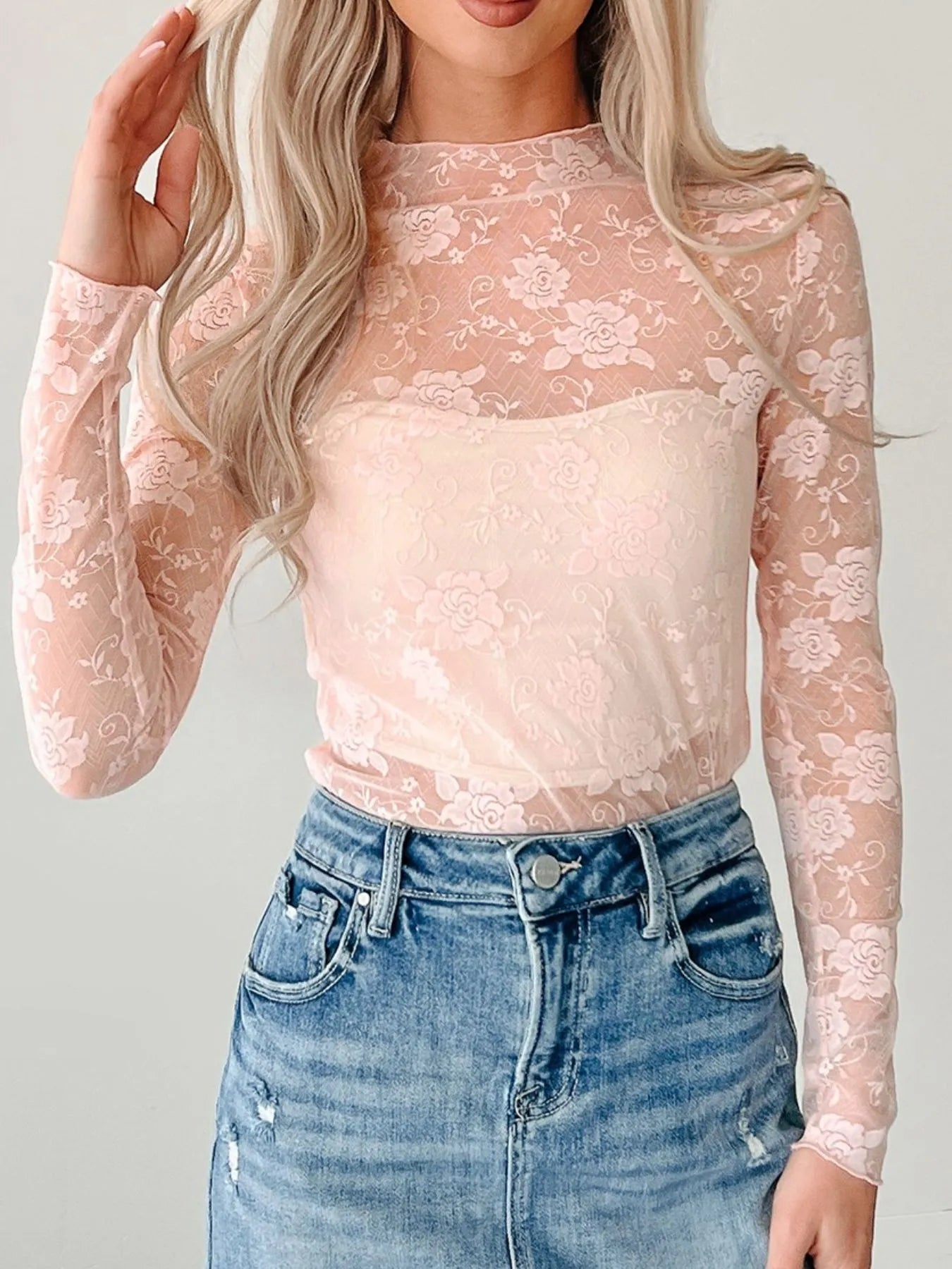 Lace Mock Neck Long Sleeve Blouse - Be Bliss Boutique