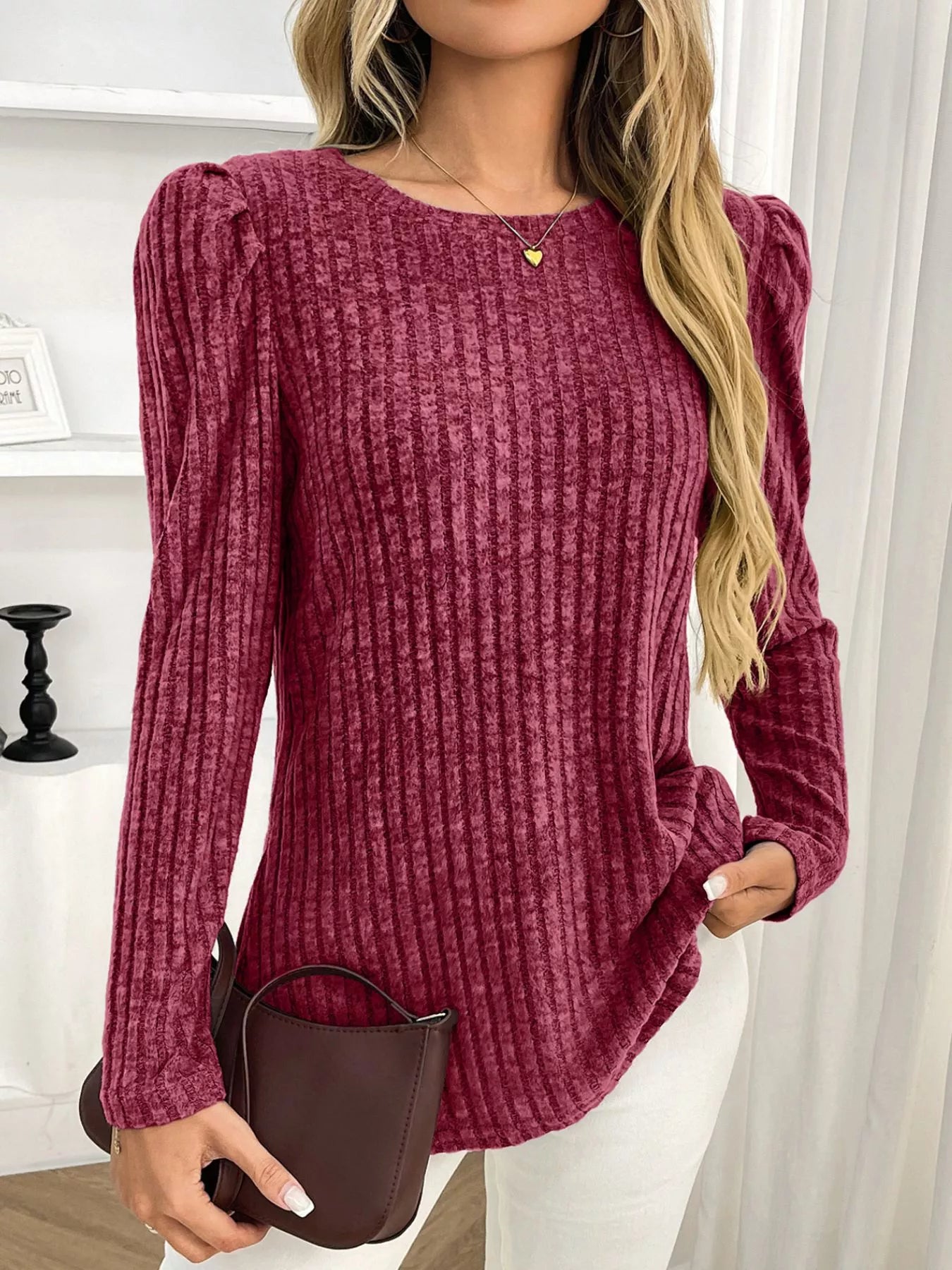 Round Neck Puff Sleeve T-Shirt - Be Bliss Boutique