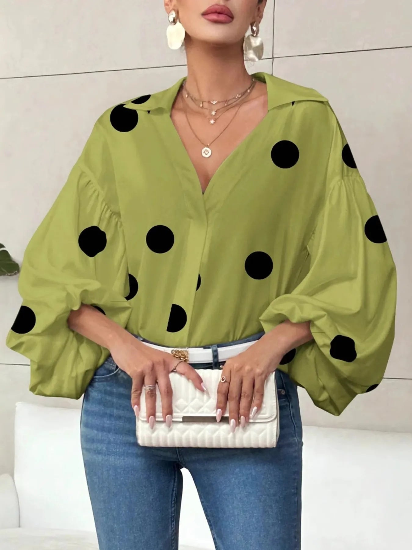 Polka Dot Balloon Sleeve Blouse -  Be Bliss Boutique