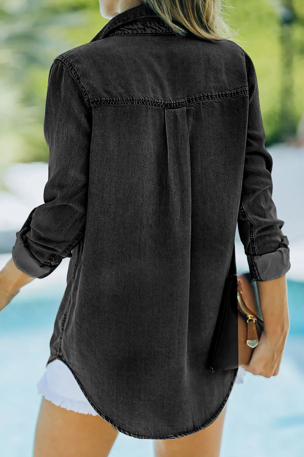 Pocketed Collared Neck Long Sleeve Denim Top - Be Bliss Boutique