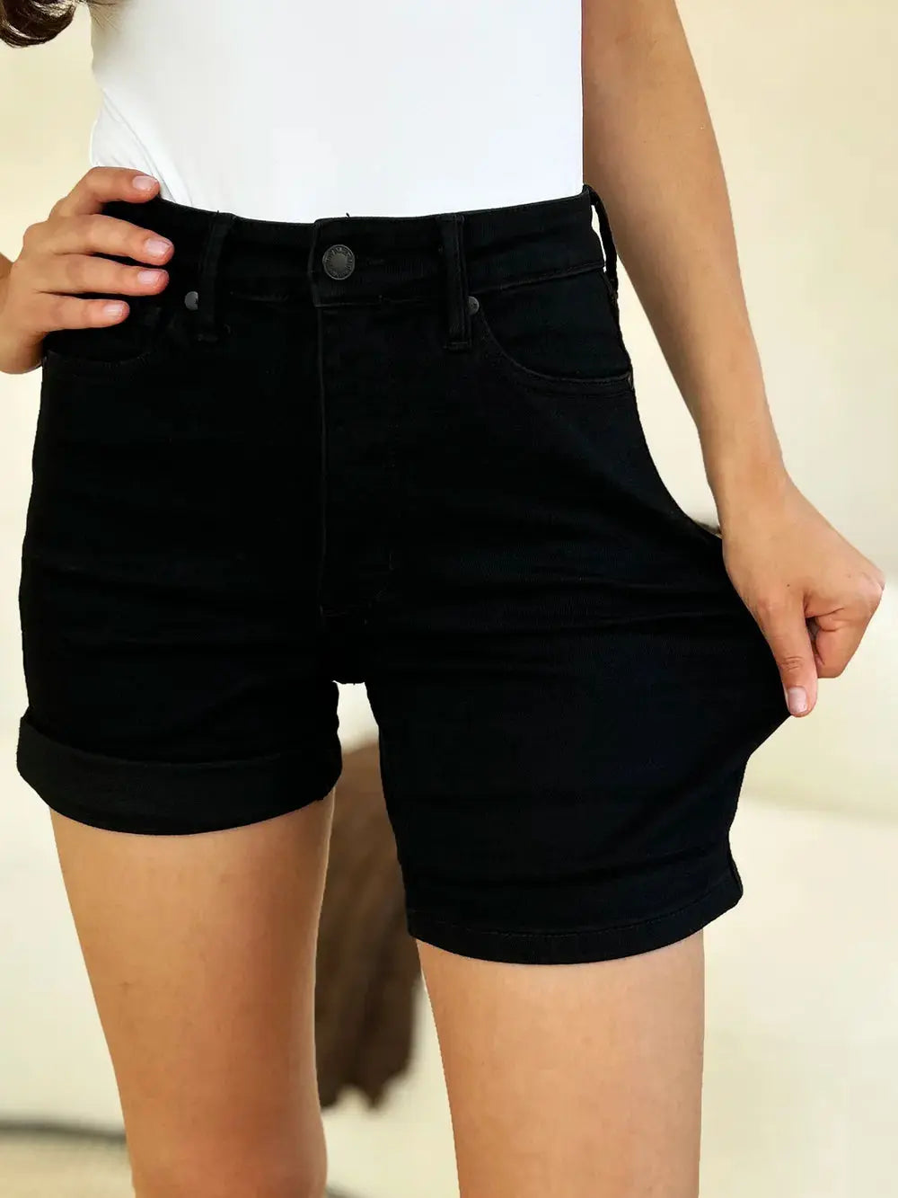 Judy Blue Full Size/Plus Size High Waist Tummy Control Cuffed Denim Shorts | Be Bliss Boutique