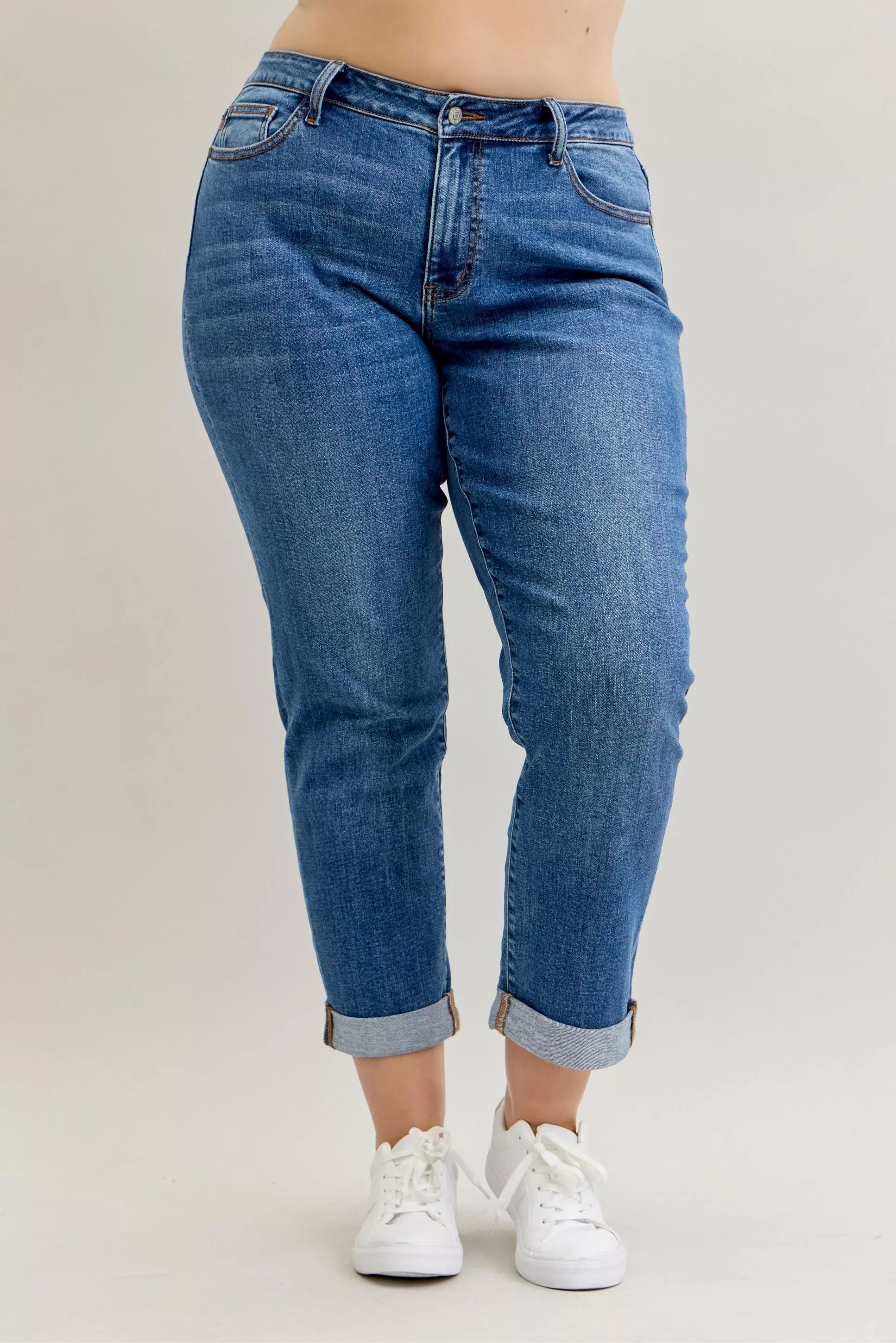 Judy Blue Full Size Mid Rise BF Classic Cuffed Jeans Plus Size - Be Bliss Boutique