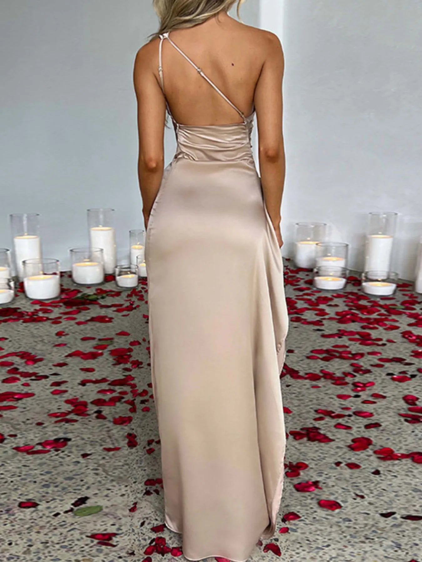 One Shoulder Satin Dress with High Slit - Be Bliss Boutique
