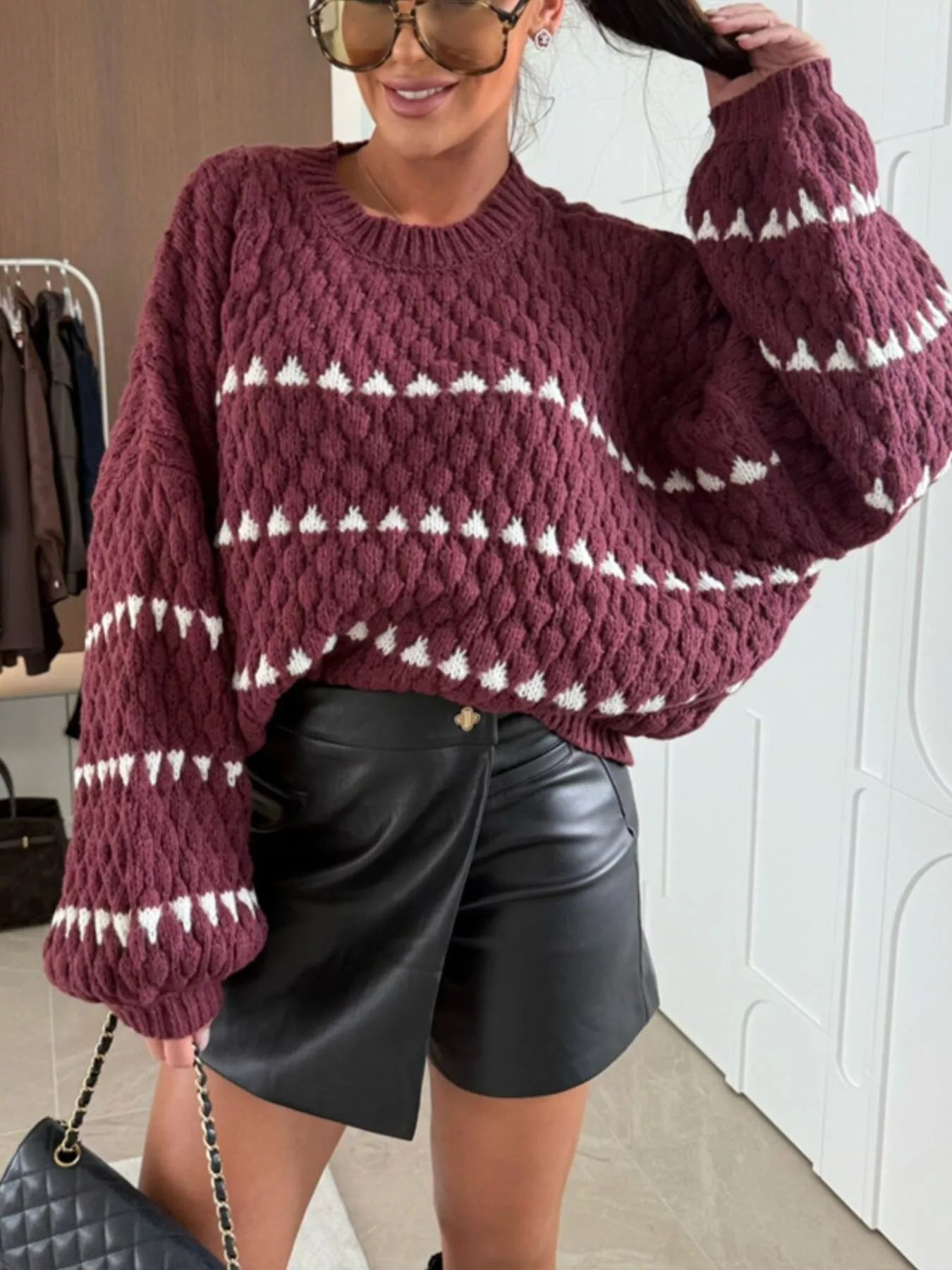 Chunky Knit Striped Sweater with Balloon Sleeves -  Be Bliss Boutique