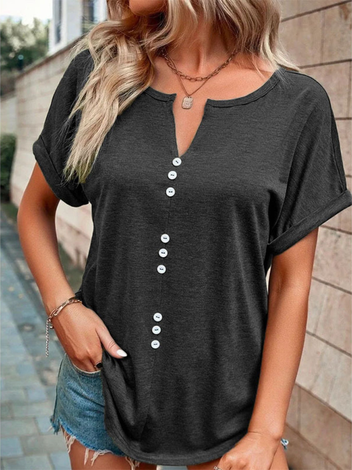 Full Size Decor Button Short Sleeve T Shirt - Be Bliss Boutique