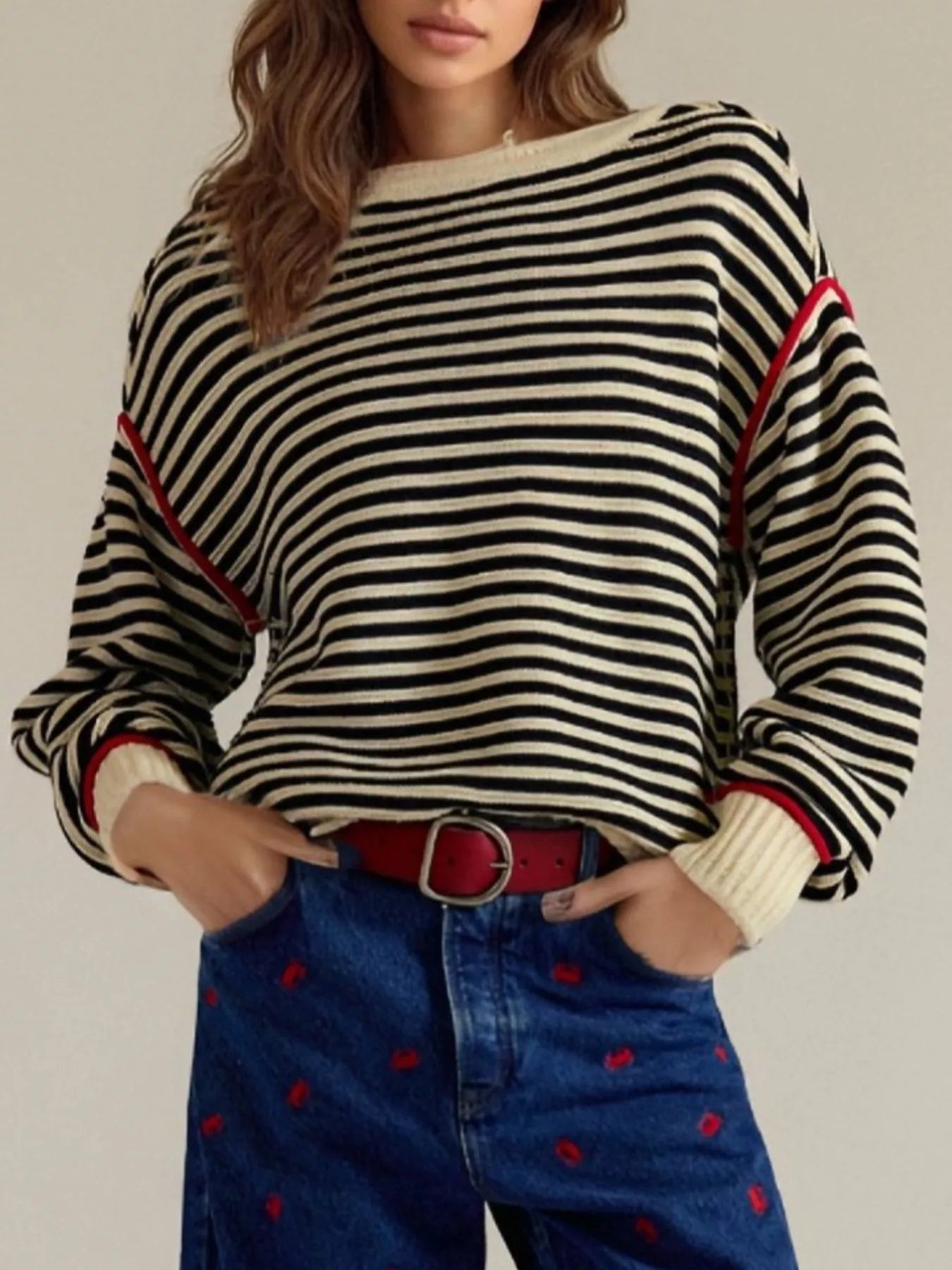 Striped Round Neck Long Sleeve Sweater -  Be Bliss Boutique