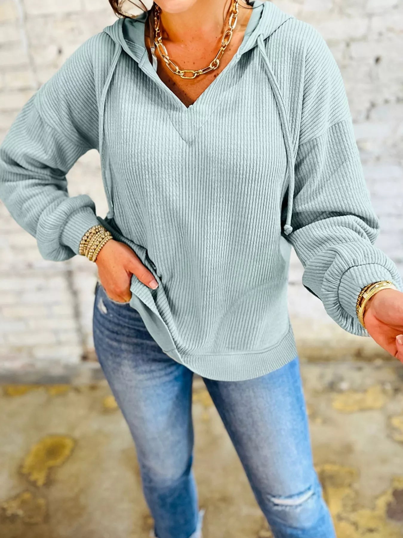 Ribbed Knit Drop Shoulder Hoodie -  Be Bliss Boutique