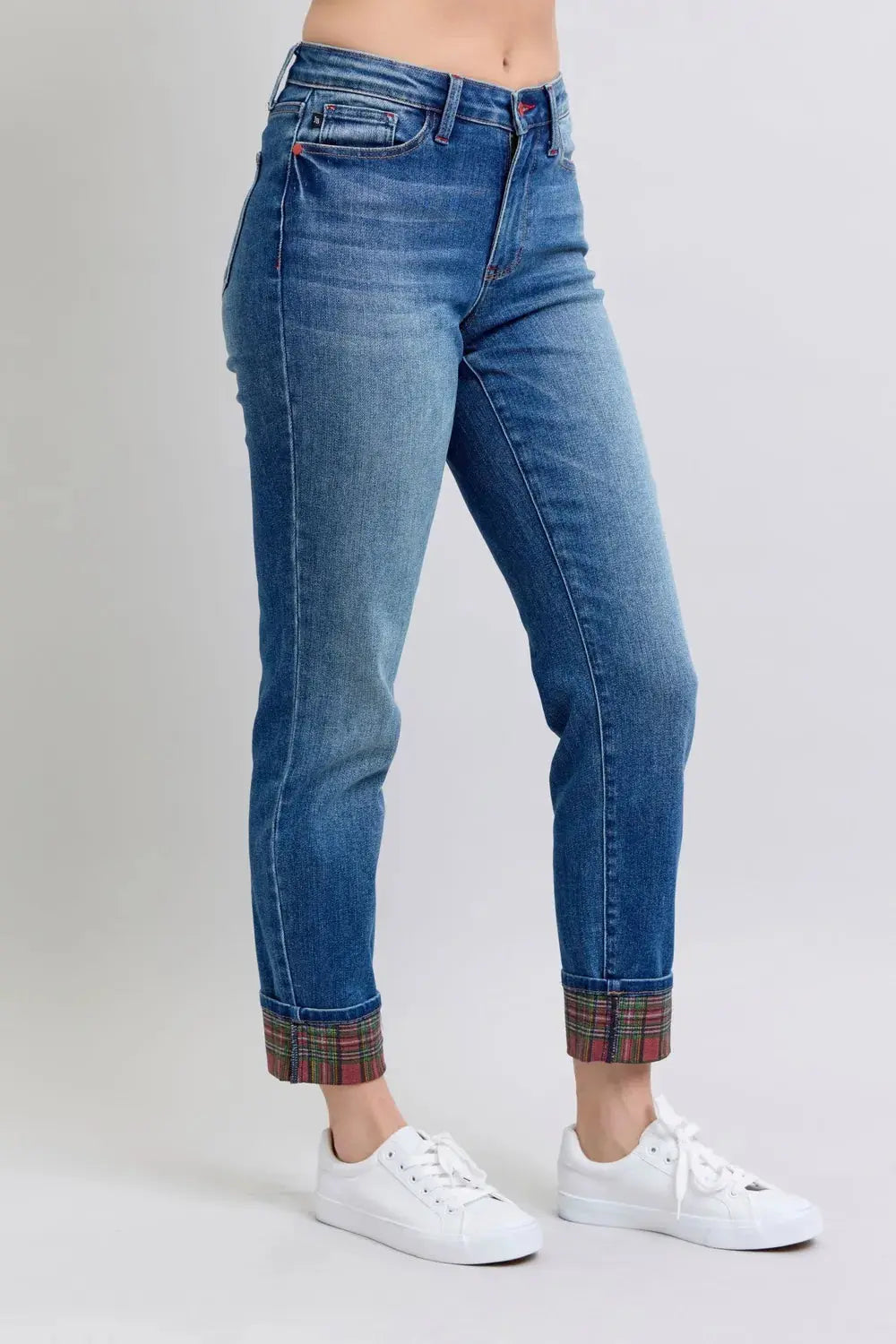 Judy Blue Full/Plus Size Plaid Print Cuff Straight Leg Jeans with Pockets | Be Bliss Boutique