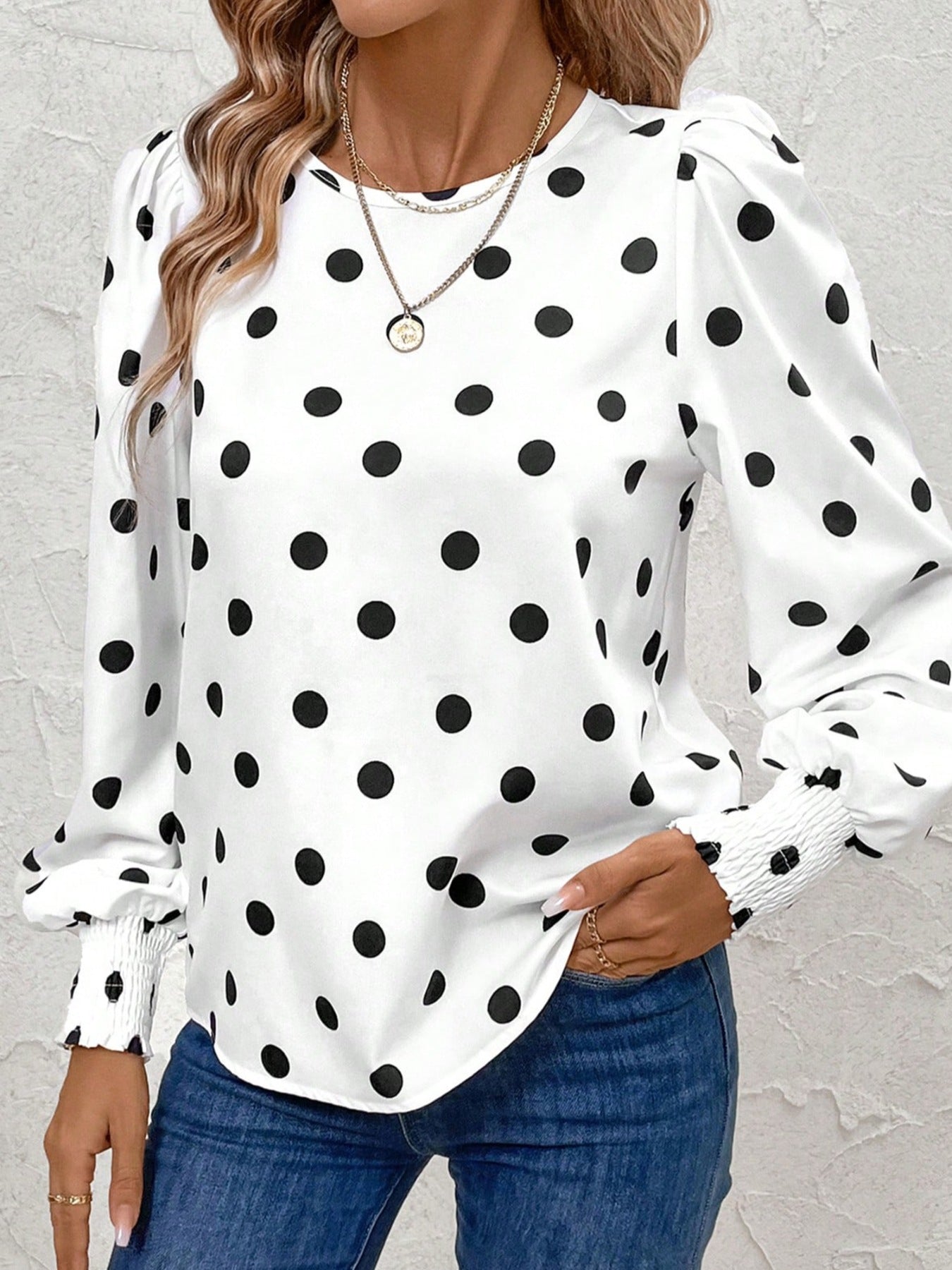 Women's White Polka Dot Long Sleeve Blouse - Be Bliss Boutique