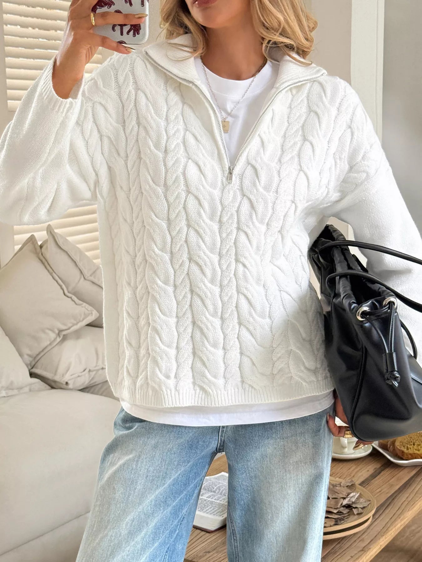 Zip Collar Cable-Knit Sweater -  Be Bliss Boutique