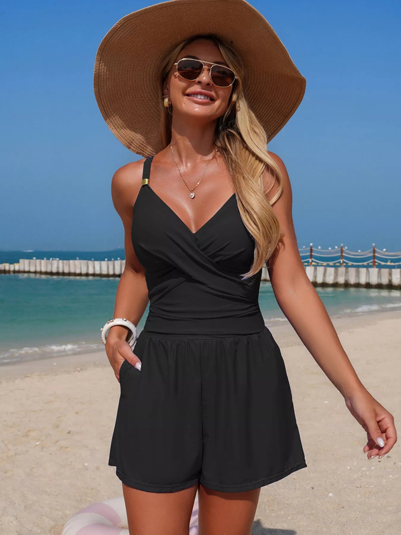V Neck Spaghetti Strap One Piece Swimsuit - Be Bliss Boutique