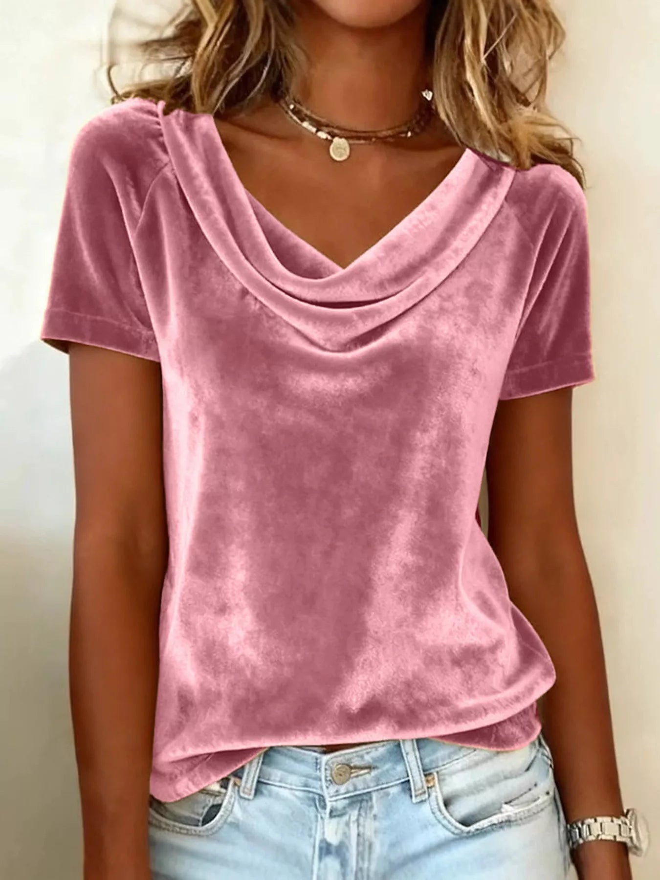 Velvet Cowl Neck Short Sleeve Top - Be Bliss Boutique