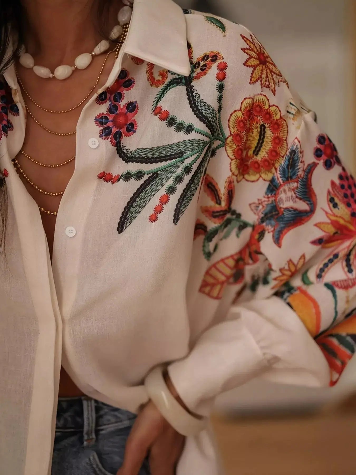 Embroidered Floral Button Up Long Sleeve Shirt - Be Bliss Boutique