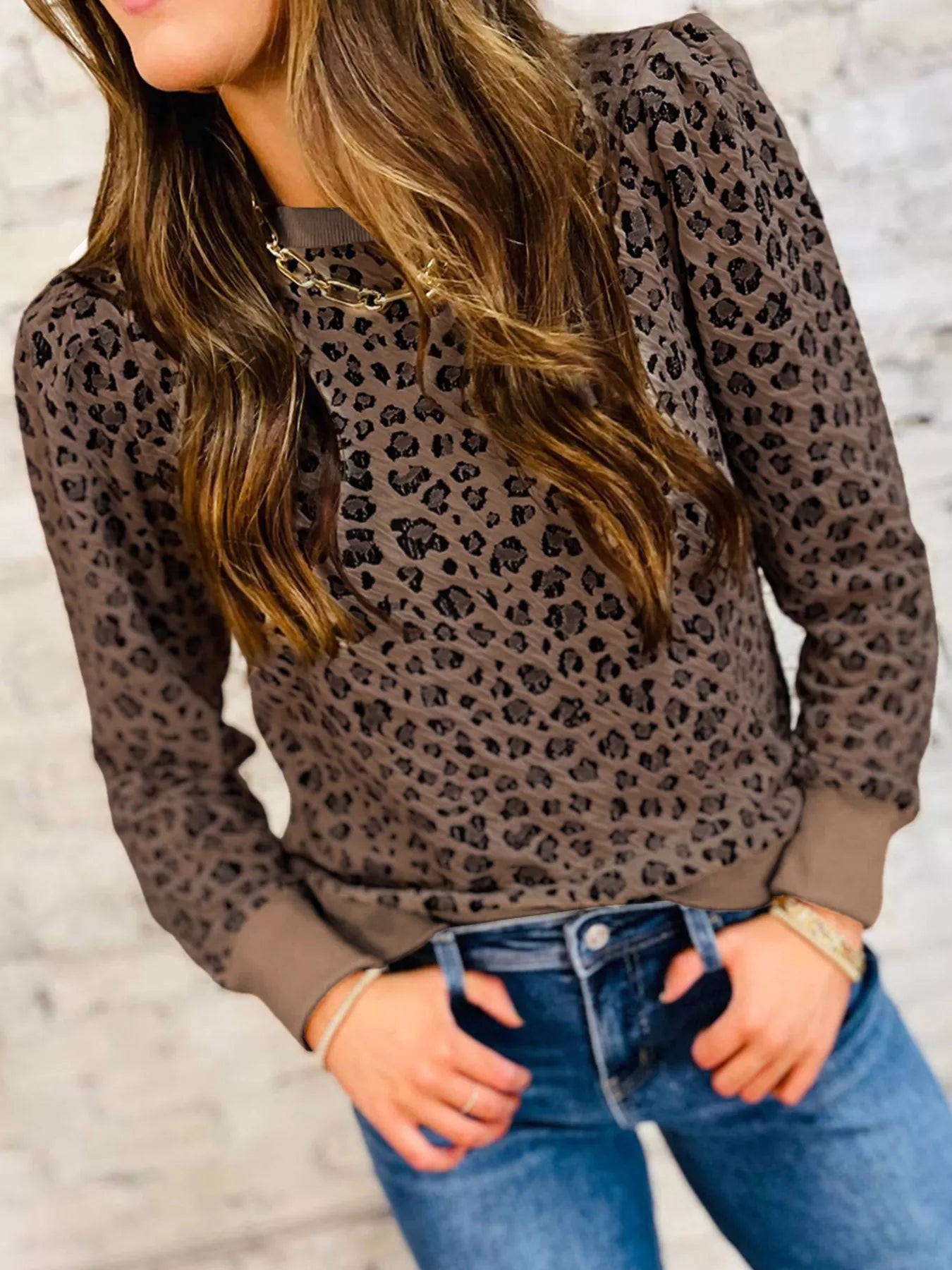 Ribbed Trim Leopard Print Long Sleeve Top - Be Bliss Boutique