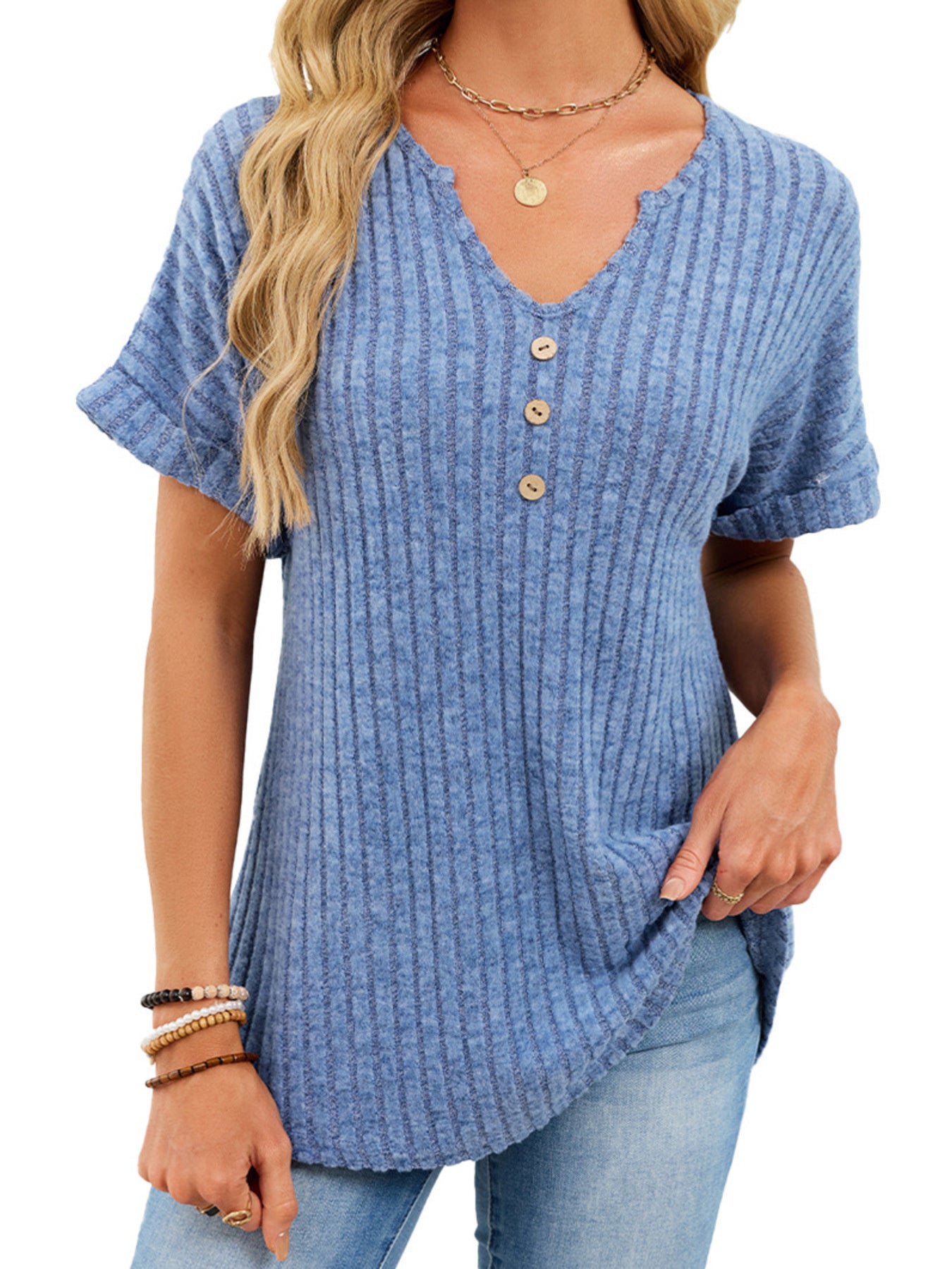 Women's Ribbed Knit Button V Neck Short Sleeve T Shirt - Be Bliss Boutique