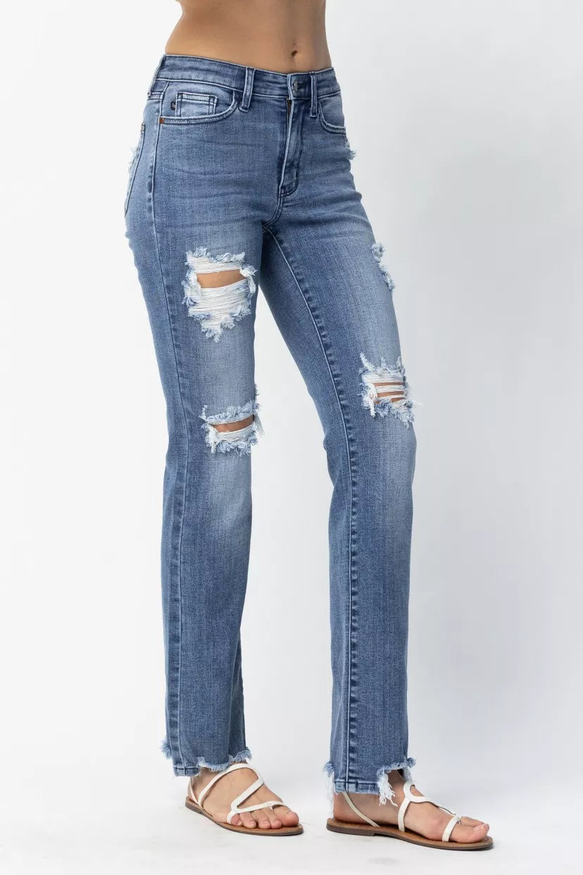 Judy Blue Full Size Mid Rise Destroy Straight Jeans Plus Size - Be Bliss Boutique