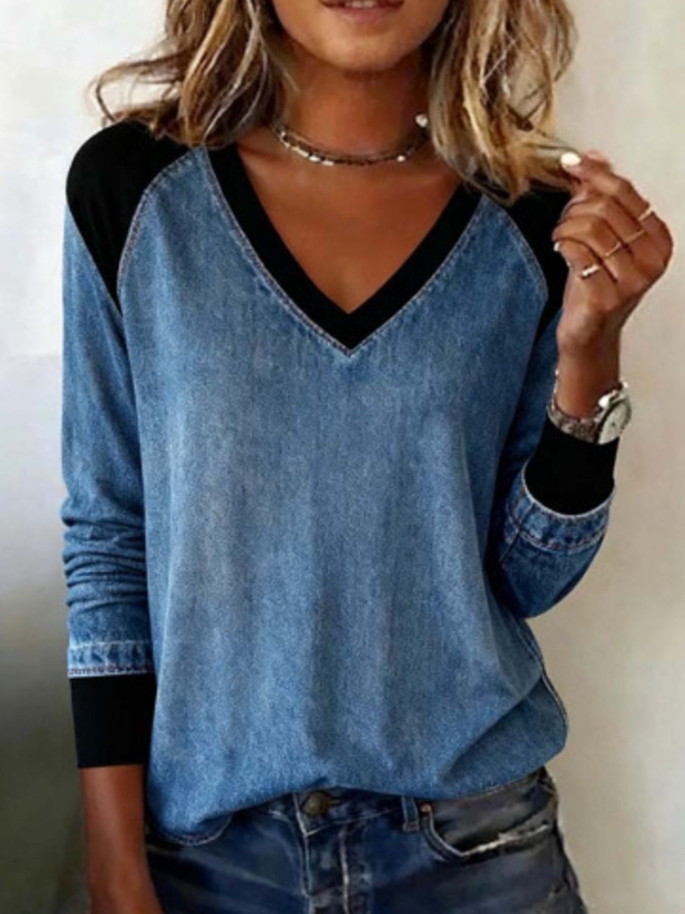 Full Size Patchwork V Neck Long Sleeve Blouse - Be Bliss Boutique