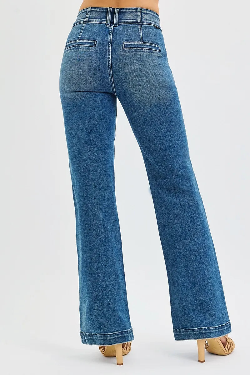 RISEN Full Size Tummy Control High Rise Bootcut Jeans with Double Button Waistband Plus Size -  Be Bliss Boutique