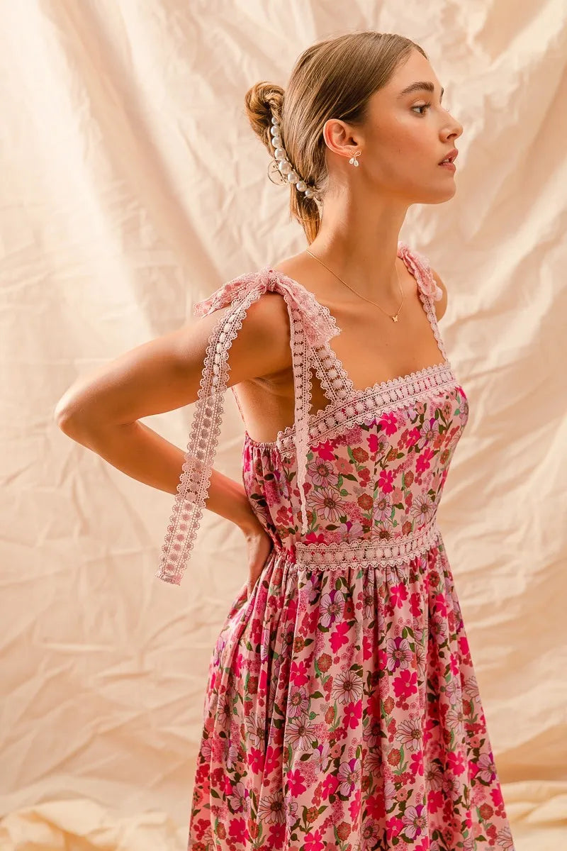 SO ME Floral Maxi Dress With Ribbon Tie Lace Strap -  Be Bliss Boutique