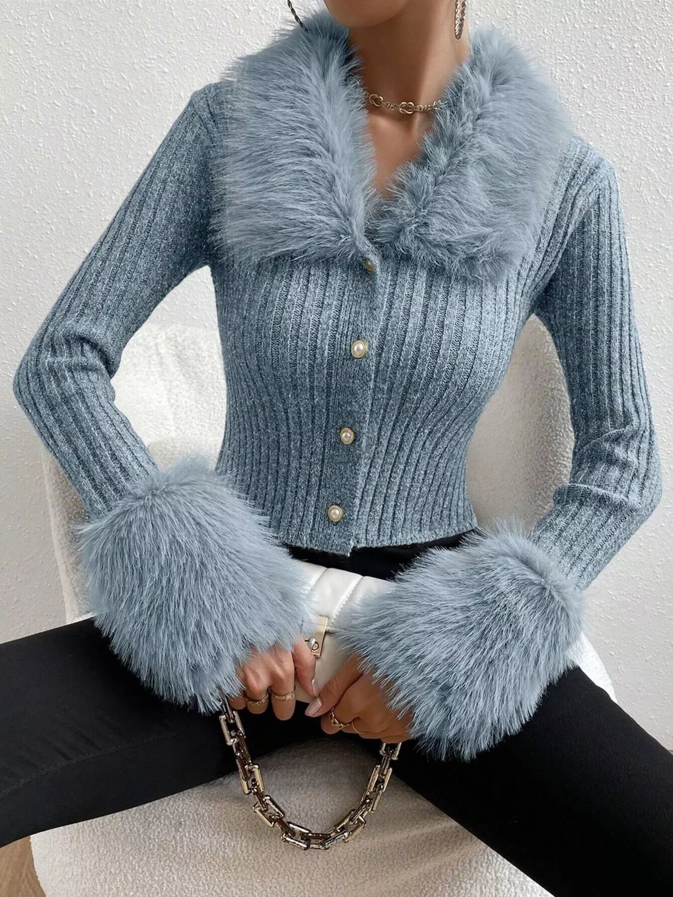 Faux Fur Trim Ribbed Knit Cropped Cardigan - Be Bliss Boutique