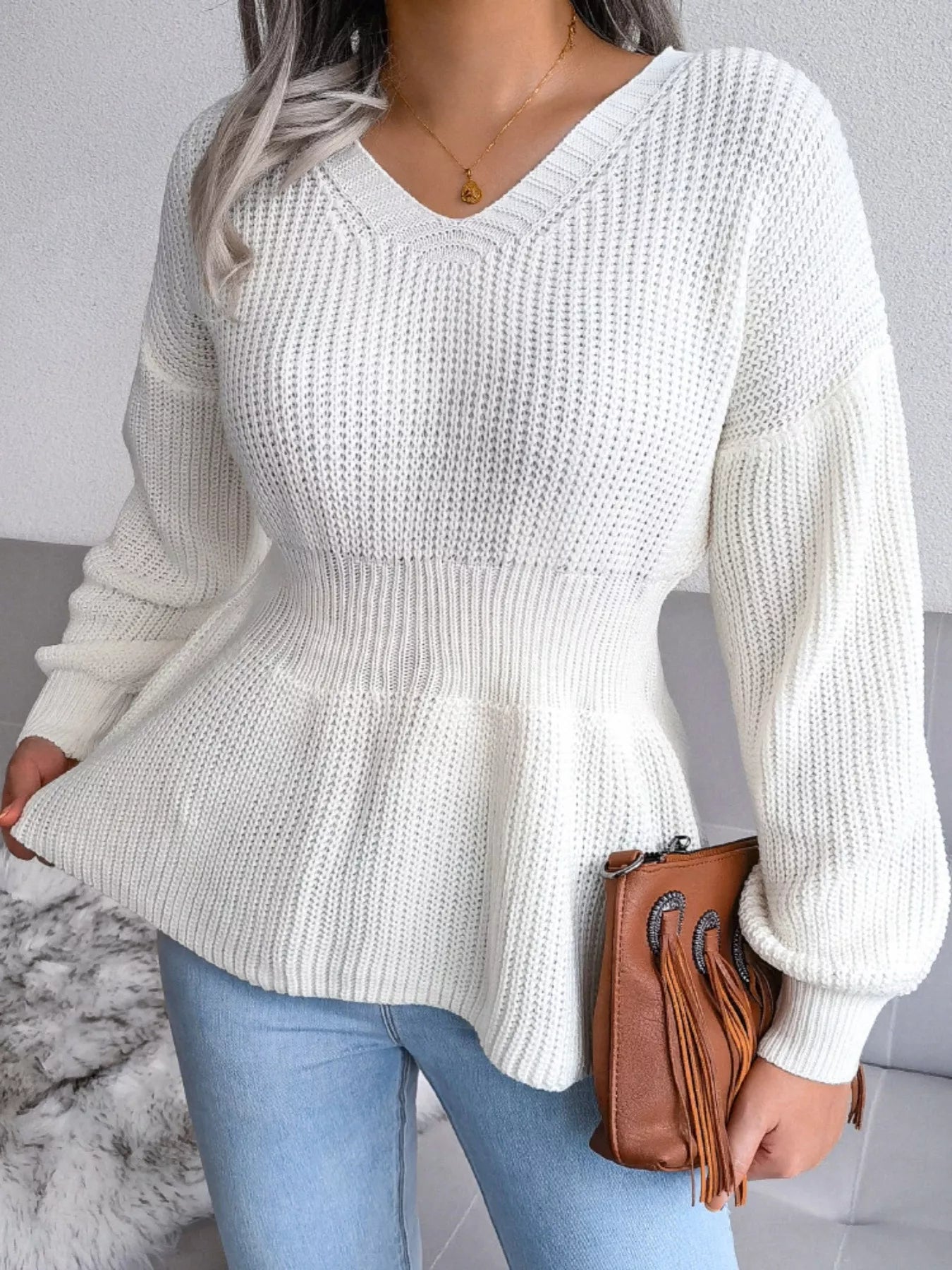 V-Neck Dropped Shoulder Sweater - Be Bliss Boutique