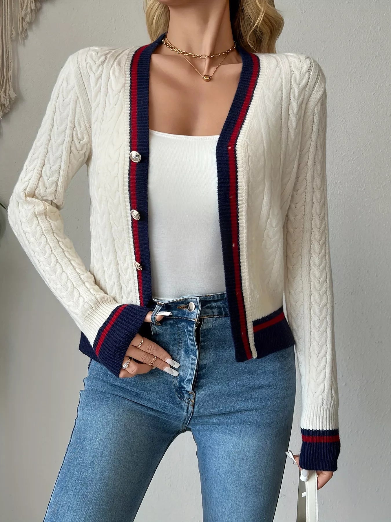 Contrast Trim Cable Knit Cardigan - Be Bliss Boutique