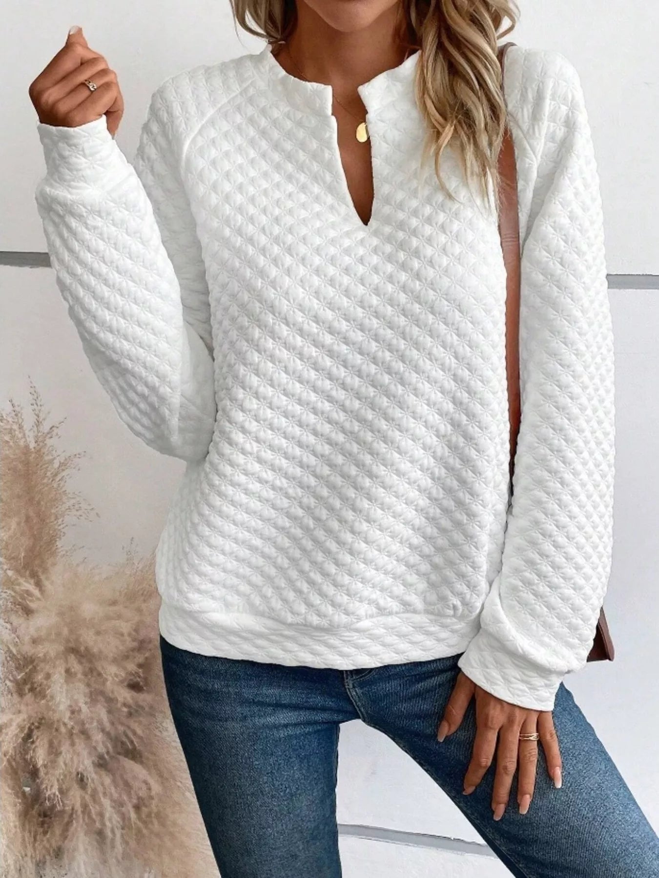 Notched Raglan Sleeve Sweatshirt -  Be Bliss Boutique