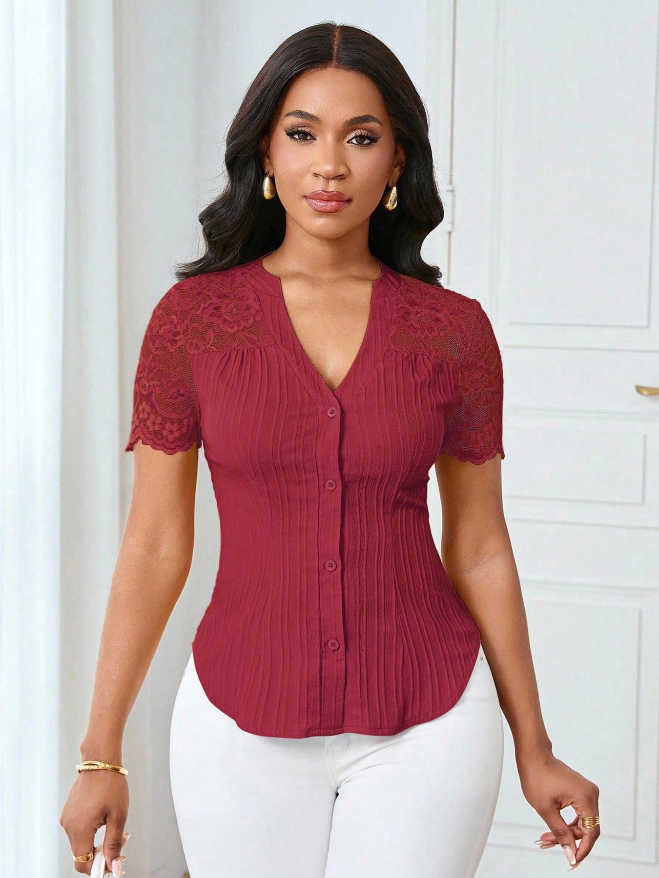 Button Up Lace Sleeve Blouse - Be Bliss Boutique