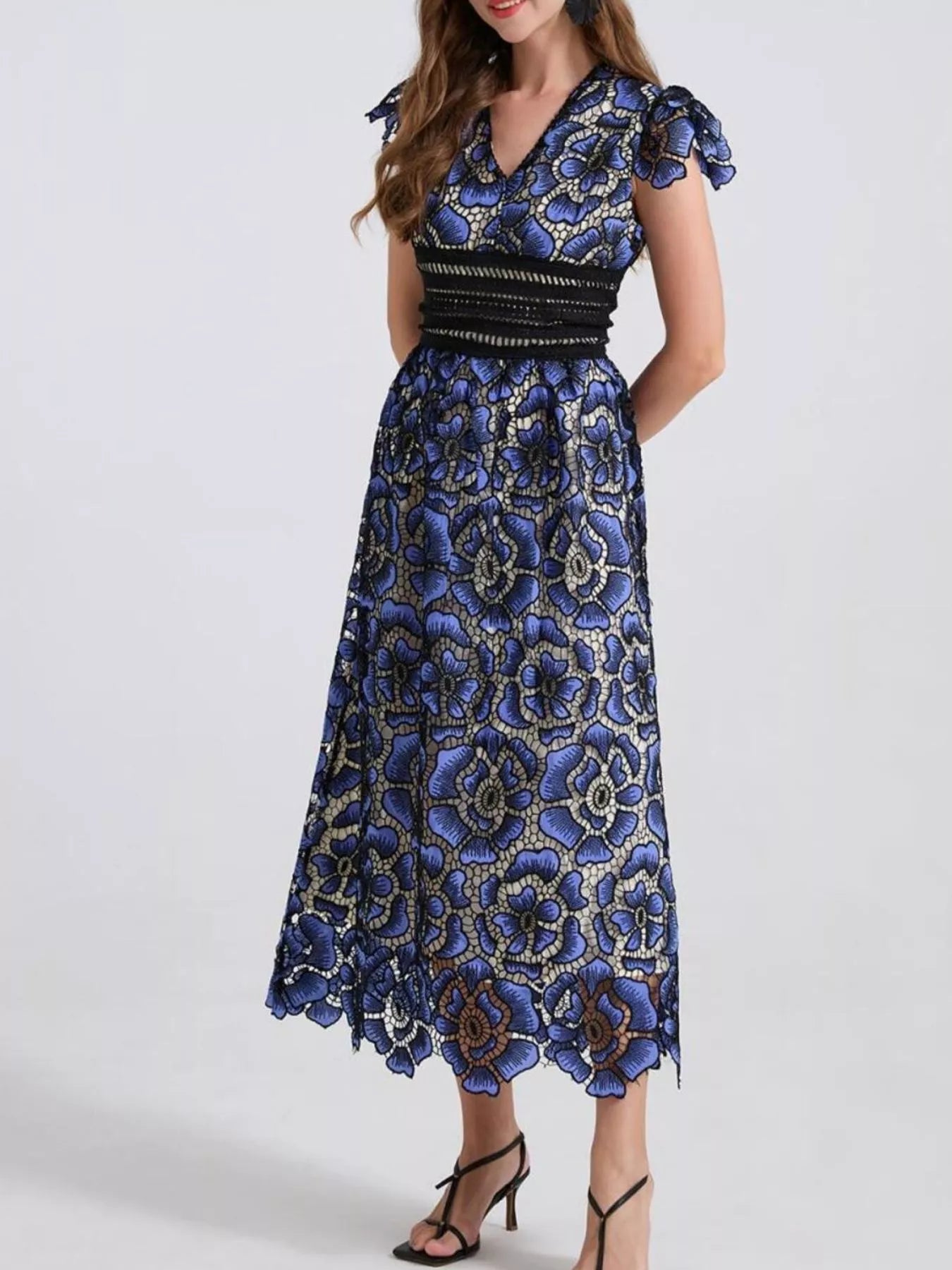 Printed V-Neck Ruffle Sleeve Midi Dress - Be Bliss Boutique