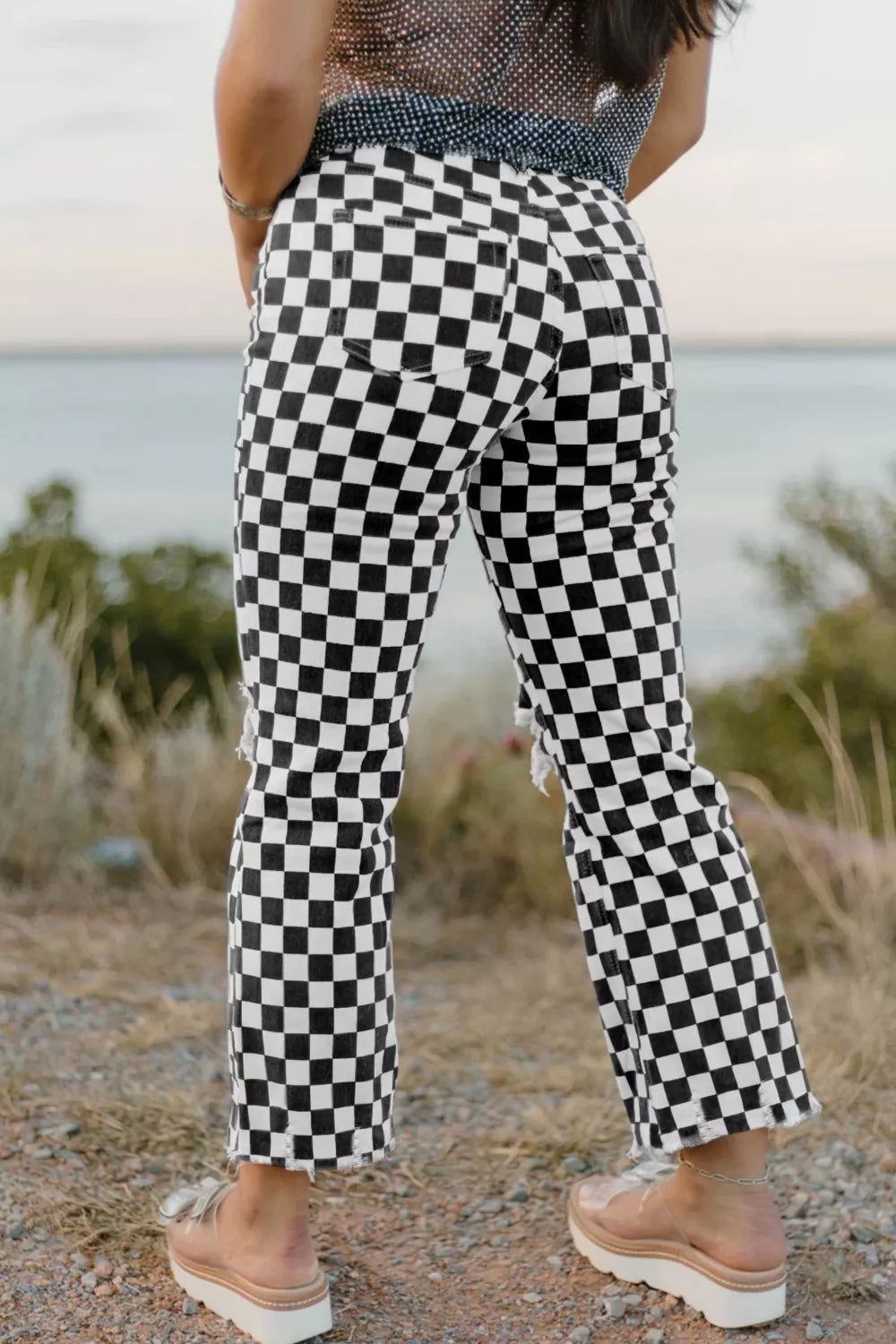Checkerboard Print Distressed Holes Raw Edge Cropped Jeans - Be Bliss Boutique